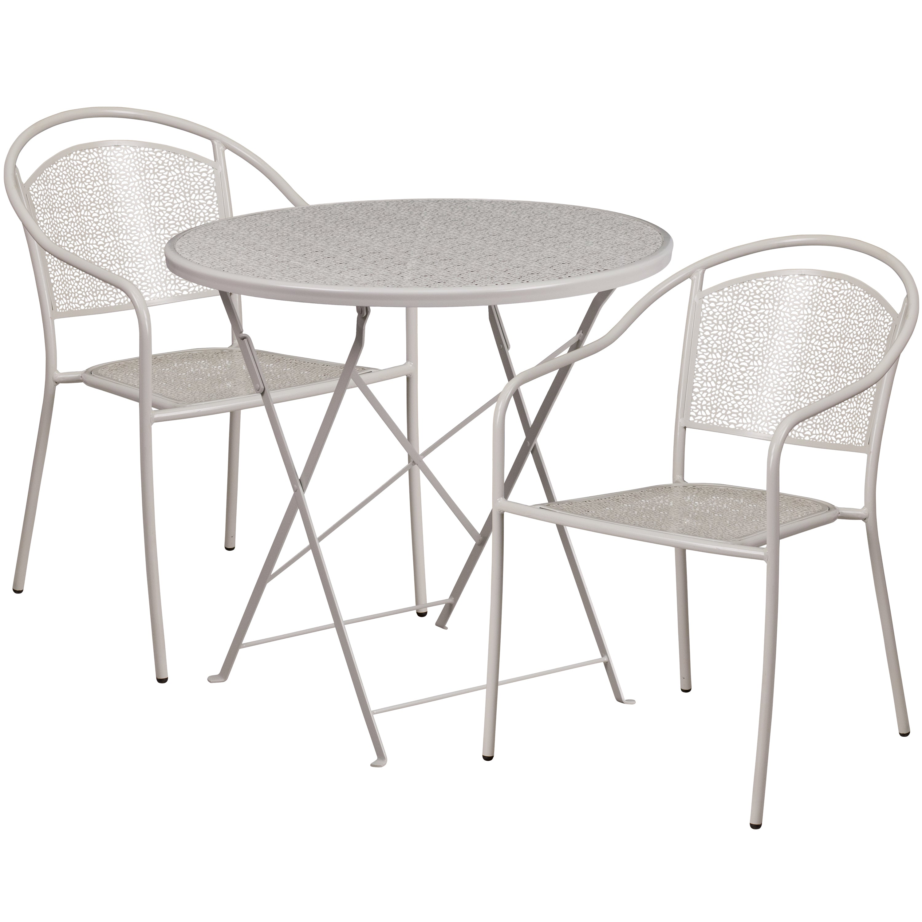 Oia Commercial Grade 30" Round Light Gray Indoor-Outdoor Steel Folding Patio Table Set with 2 Round Back Chairs