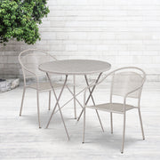 Oia Commercial Grade 30" Round Light Gray Indoor-Outdoor Steel Folding Patio Table Set with 2 Round Back Chairs