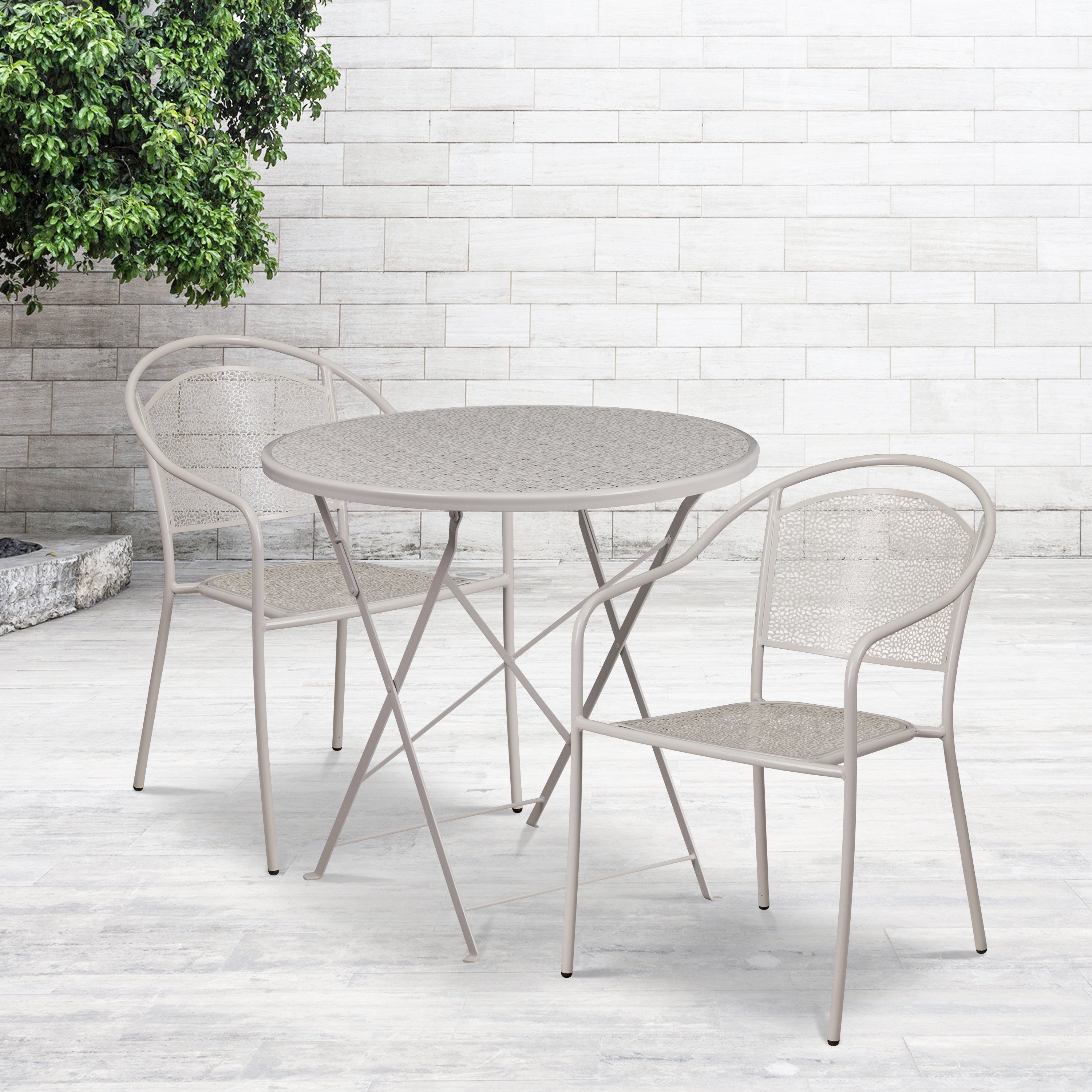 Oia Commercial Grade 30" Round Light Gray Indoor-Outdoor Steel Folding Patio Table Set with 2 Round Back Chairs