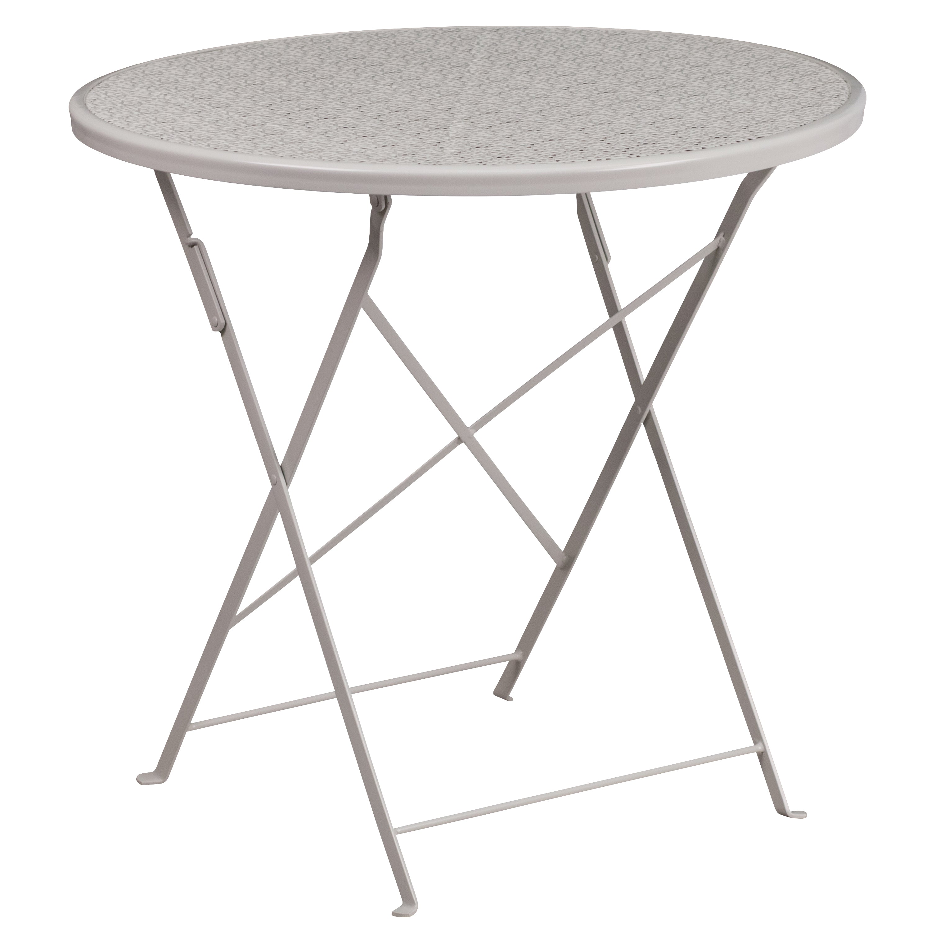 Oia Commercial Grade 30" Round Light Gray Indoor-Outdoor Steel Folding Patio Table Set with 2 Round Back Chairs