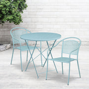 Oia Commercial Grade 30" Round Sky Blue Indoor-Outdoor Steel Folding Patio Table Set with 2 Round Back Chairs