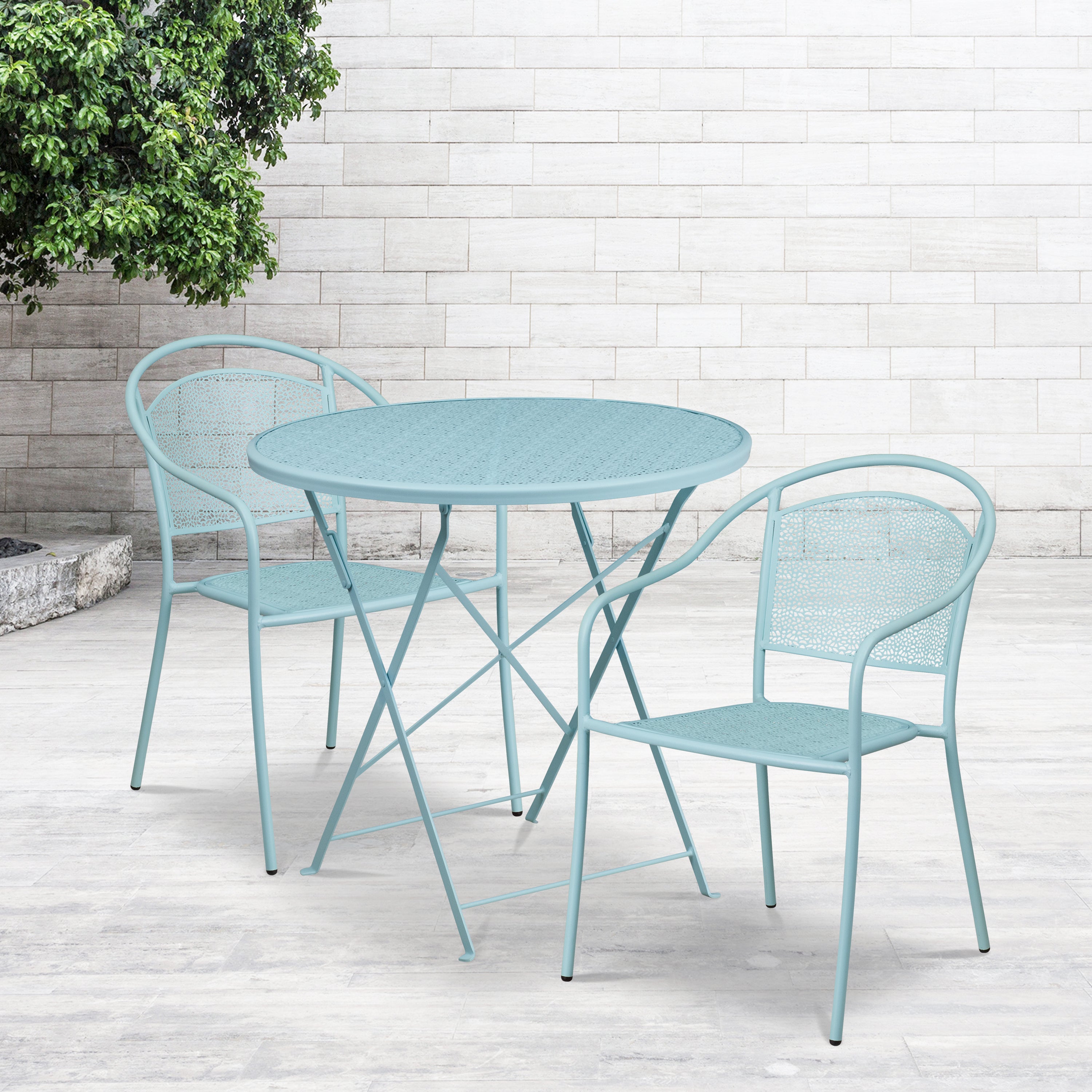 Oia Commercial Grade 30" Round Sky Blue Indoor-Outdoor Steel Folding Patio Table Set with 2 Round Back Chairs