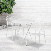 Oia Commercial Grade 30" Round White Indoor-Outdoor Steel Folding Patio Table Set with 2 Round Back Chairs