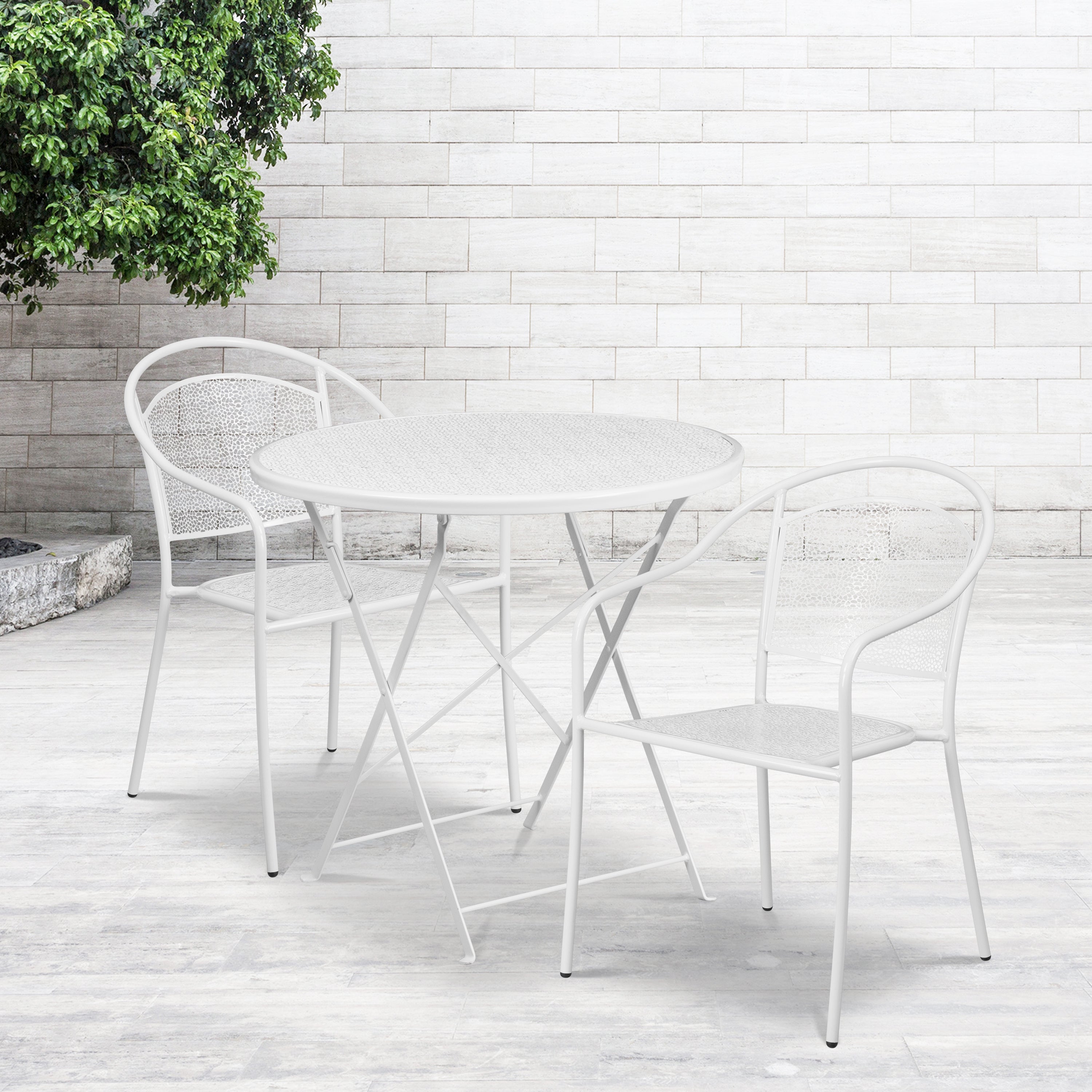 Oia Commercial Grade 30" Round White Indoor-Outdoor Steel Folding Patio Table Set with 2 Round Back Chairs