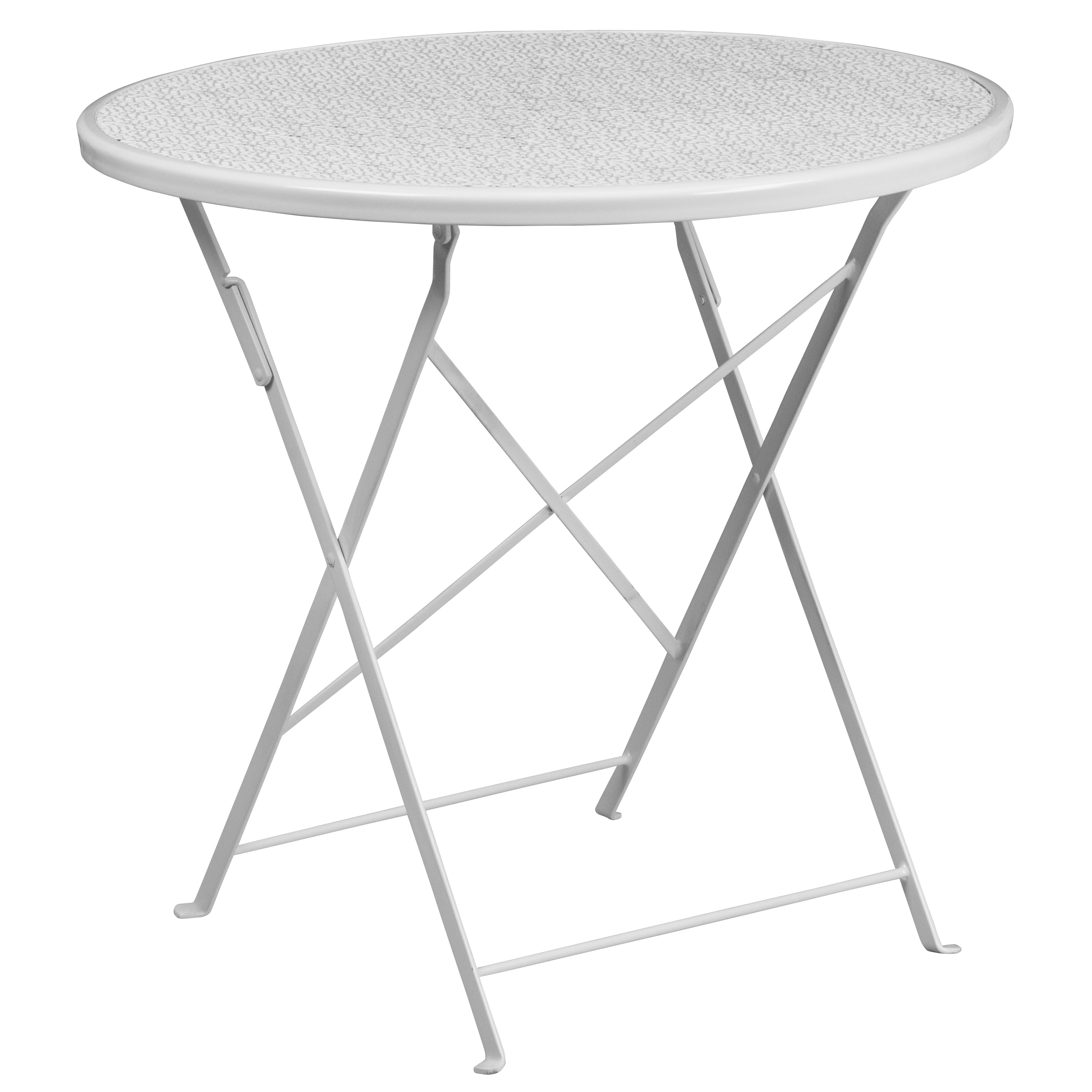 Oia Commercial Grade 30" Round White Indoor-Outdoor Steel Folding Patio Table Set with 2 Round Back Chairs