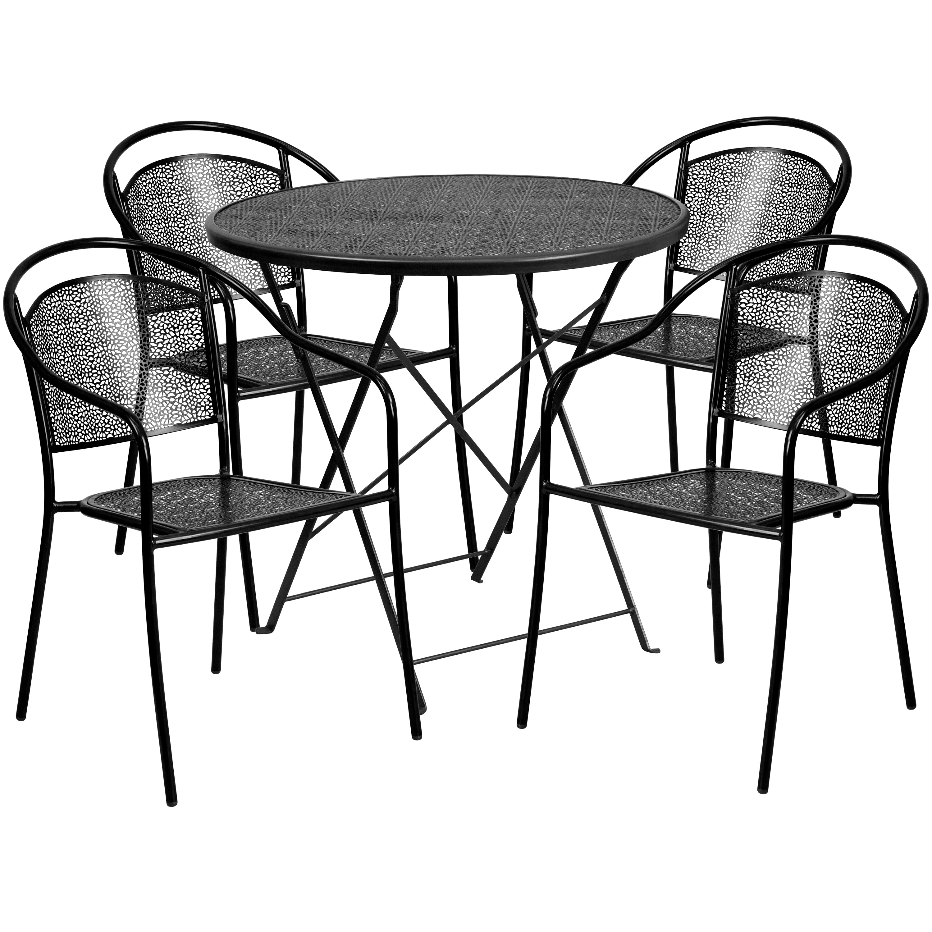 Oia Commercial Grade 30" Round Black Indoor-Outdoor Steel Folding Patio Table Set with 4 Round Back Chairs