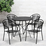 Oia Commercial Grade 30" Round Black Indoor-Outdoor Steel Folding Patio Table Set with 4 Round Back Chairs