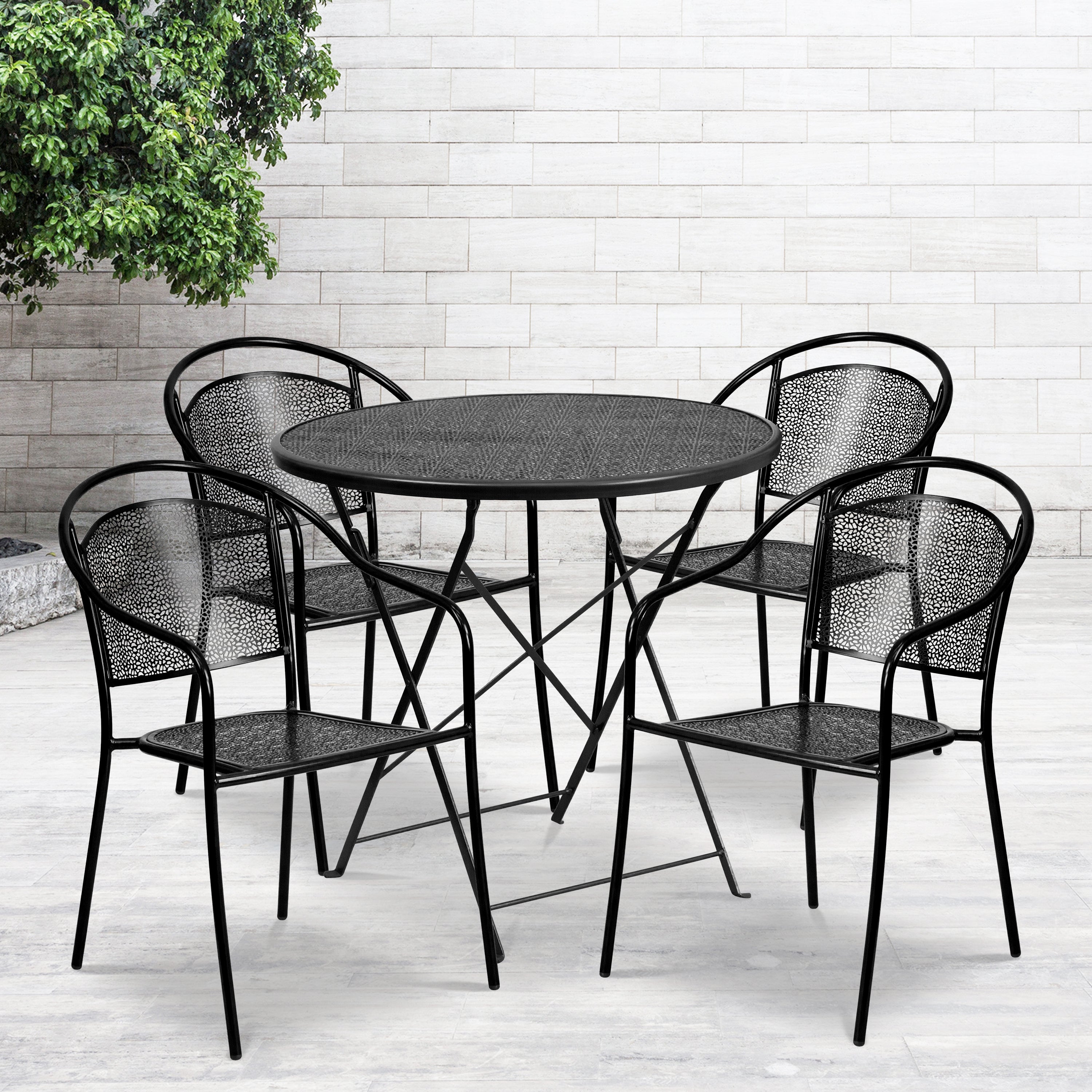 Oia Commercial Grade 30" Round Black Indoor-Outdoor Steel Folding Patio Table Set with 4 Round Back Chairs
