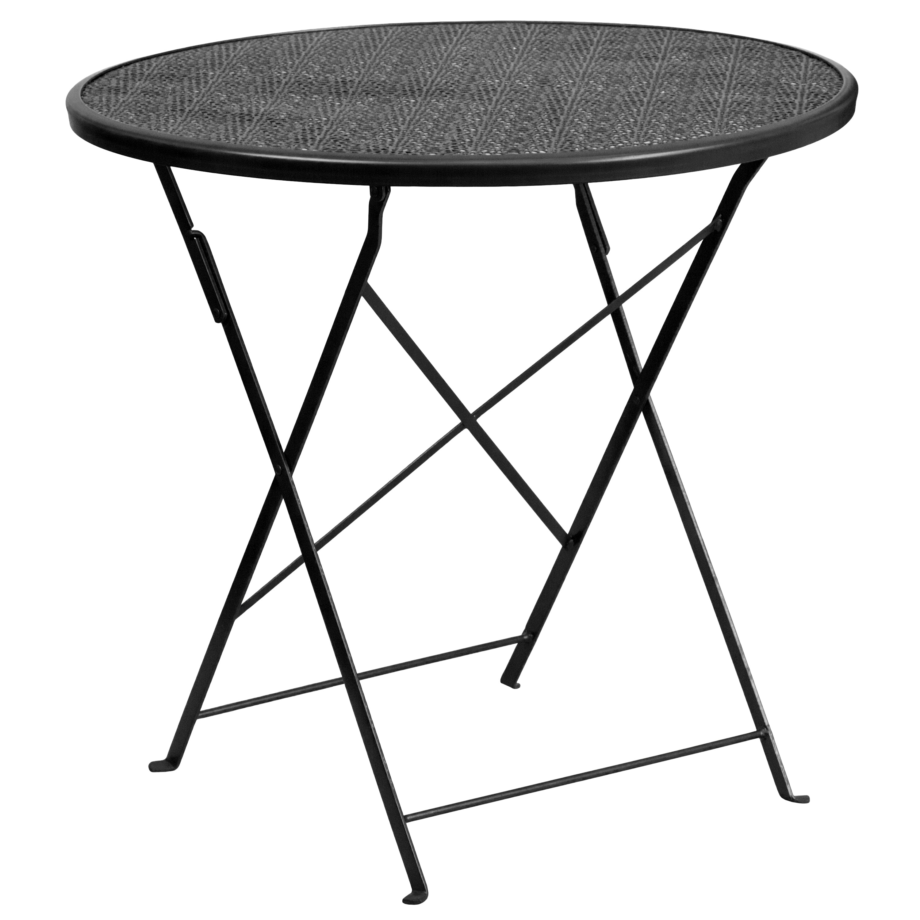 Oia Commercial Grade 30" Round Black Indoor-Outdoor Steel Folding Patio Table Set with 4 Round Back Chairs