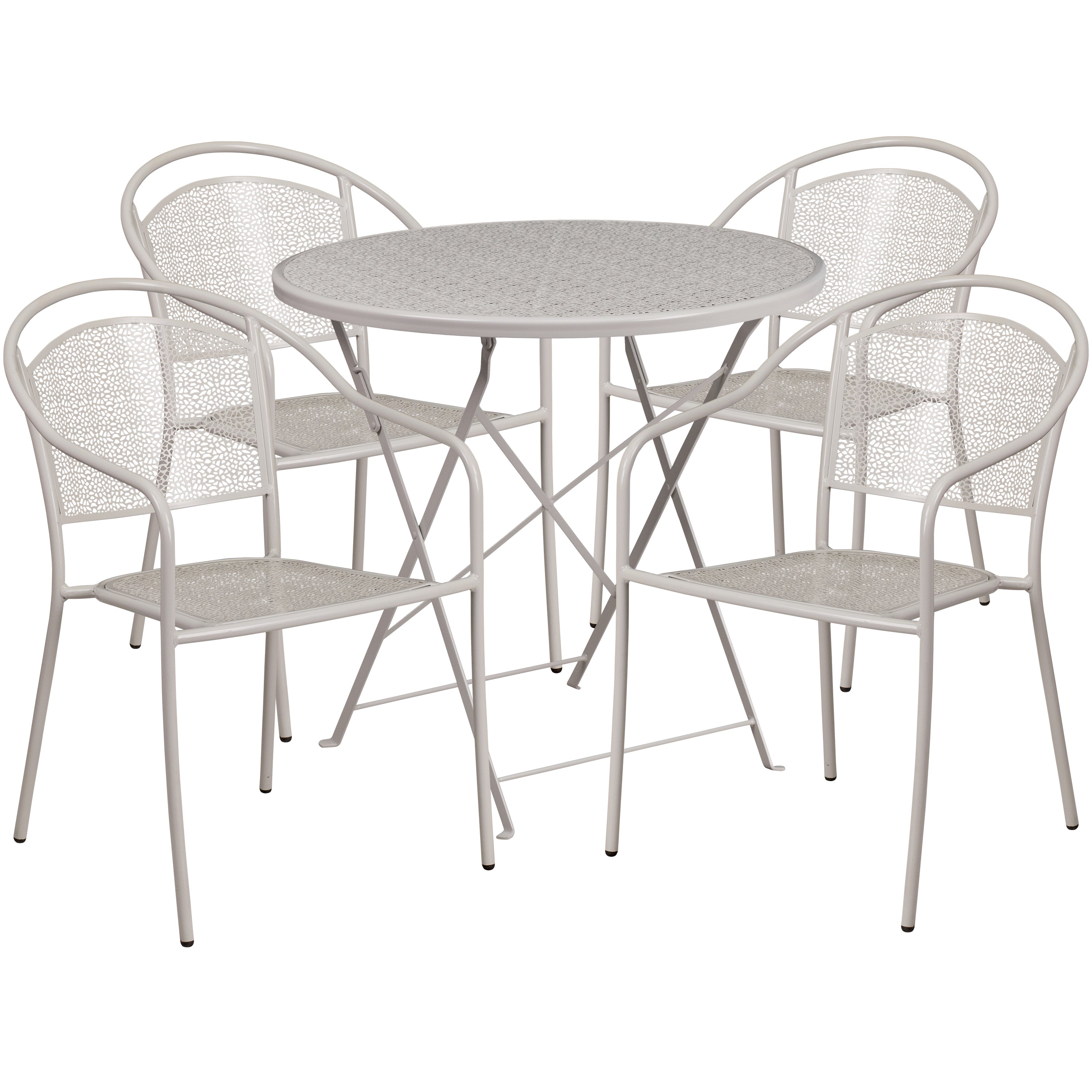 Oia Commercial Grade 30" Round Light Gray Indoor-Outdoor Steel Folding Patio Table Set with 4 Round Back Chairs