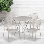 Oia Commercial Grade 30" Round Light Gray Indoor-Outdoor Steel Folding Patio Table Set with 4 Round Back Chairs