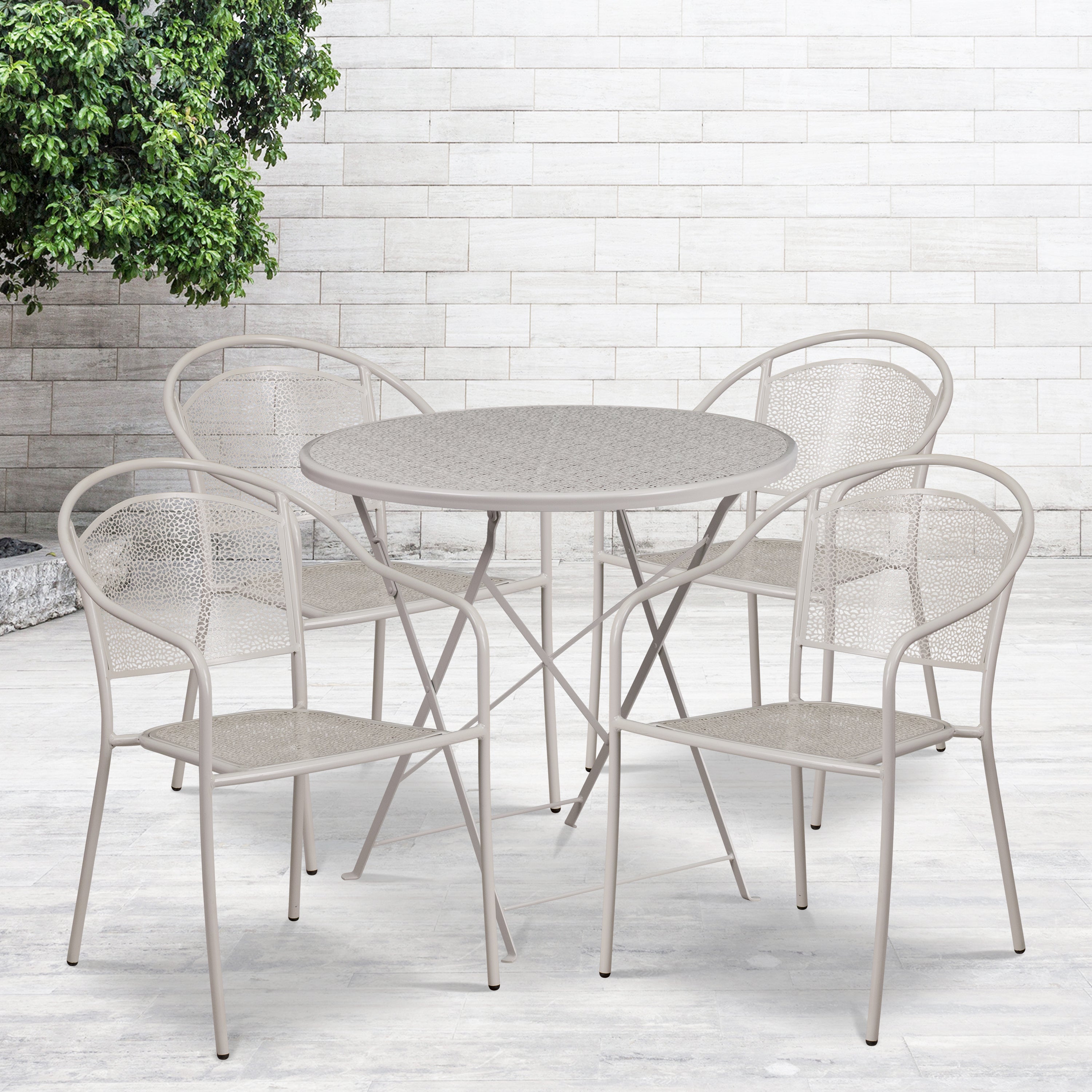 Oia Commercial Grade 30" Round Light Gray Indoor-Outdoor Steel Folding Patio Table Set with 4 Round Back Chairs