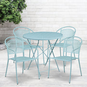 Oia Commercial Grade 30" Round Sky Blue Indoor-Outdoor Steel Folding Patio Table Set with 4 Round Back Chairs