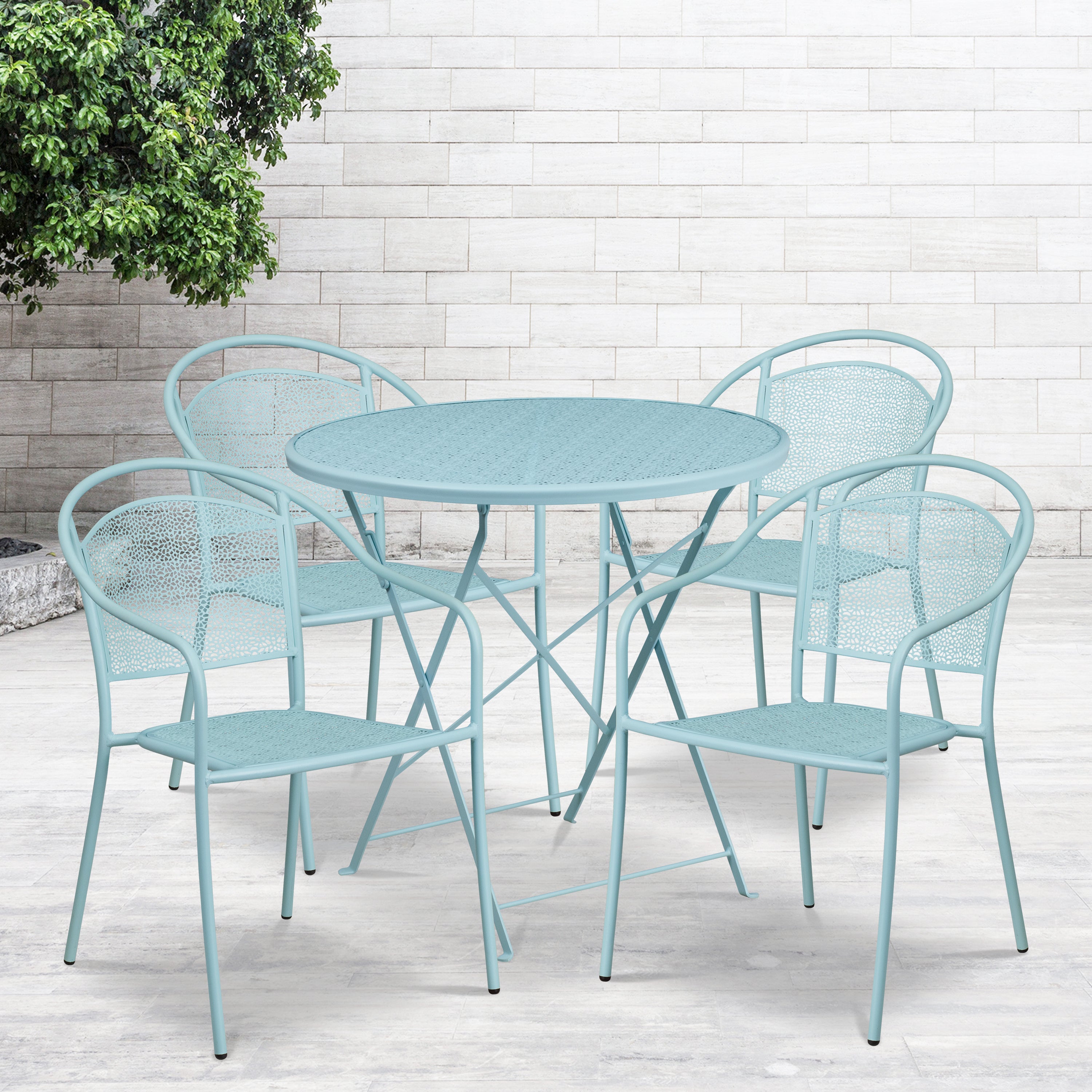 Oia Commercial Grade 30" Round Sky Blue Indoor-Outdoor Steel Folding Patio Table Set with 4 Round Back Chairs
