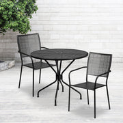 Oia Commercial Grade 35.25" Round Black Indoor-Outdoor Steel Patio Table Set with 2 Square Back Chairs
