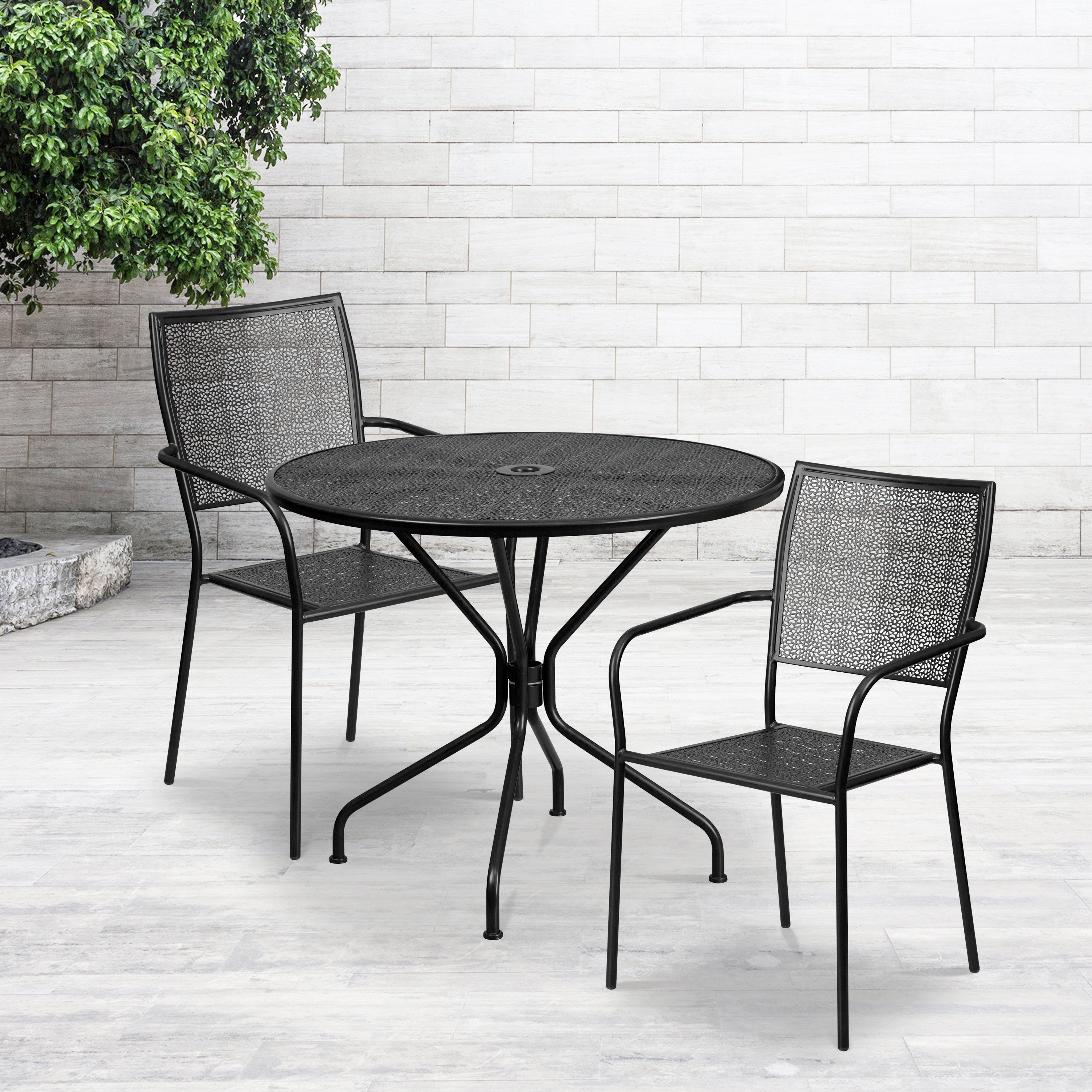 Oia Commercial Grade 35.25" Round Black Indoor-Outdoor Steel Patio Table Set with 2 Square Back Chairs