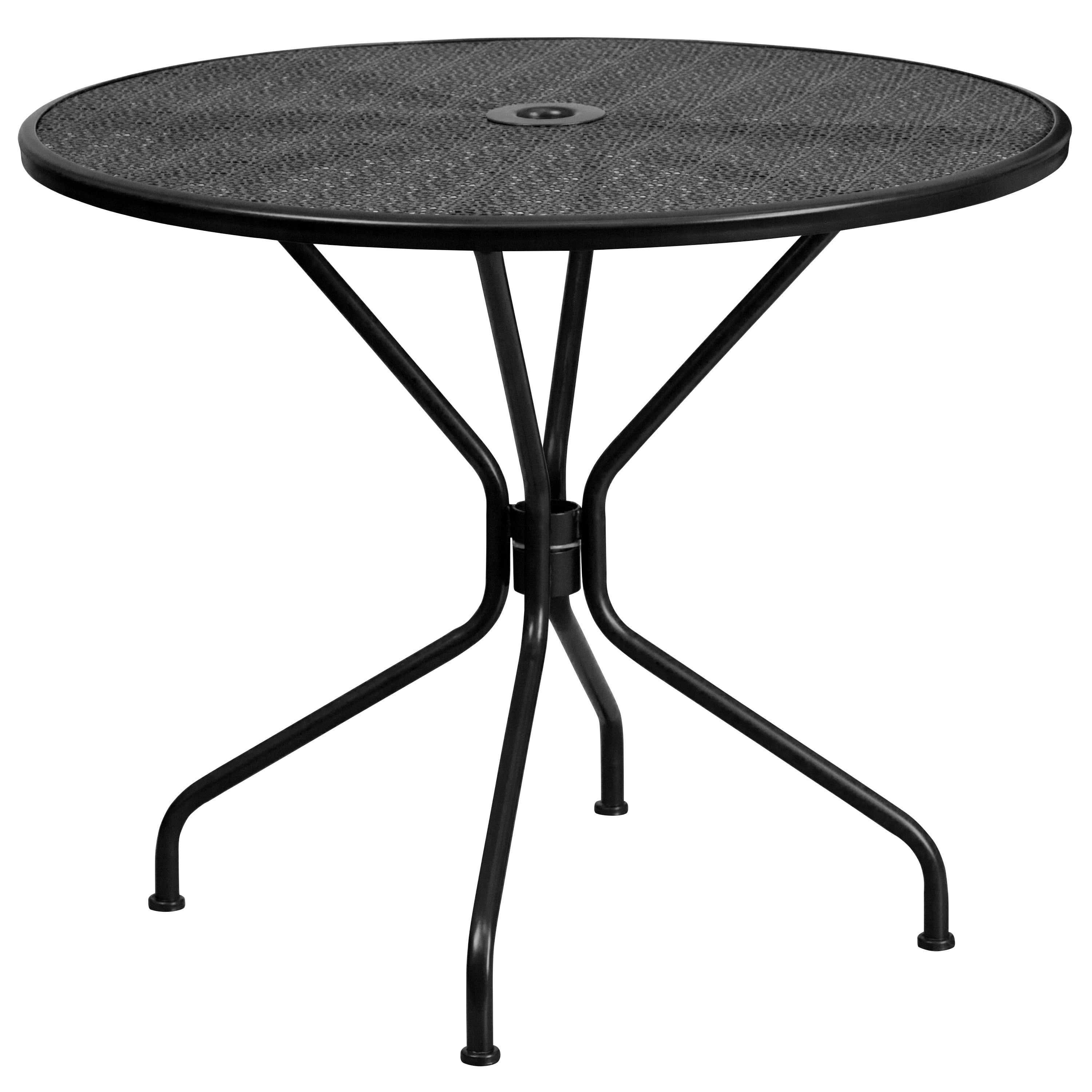 Oia Commercial Grade 35.25" Round Black Indoor-Outdoor Steel Patio Table Set with 2 Square Back Chairs