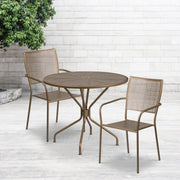 Oia Commercial Grade 35.25" Round Gold Indoor-Outdoor Steel Patio Table Set with 2 Square Back Chairs