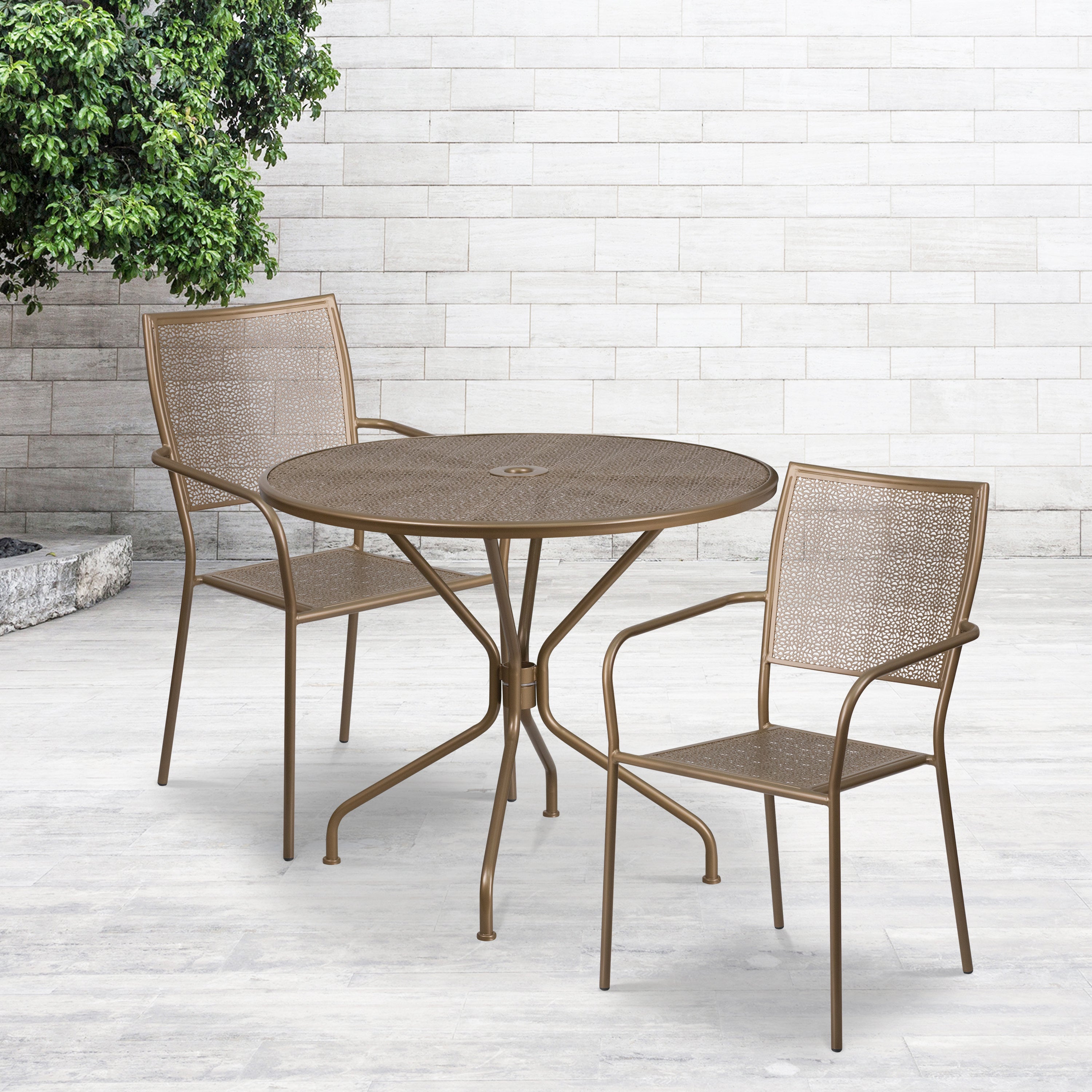 Oia Commercial Grade 35.25" Round Gold Indoor-Outdoor Steel Patio Table Set with 2 Square Back Chairs
