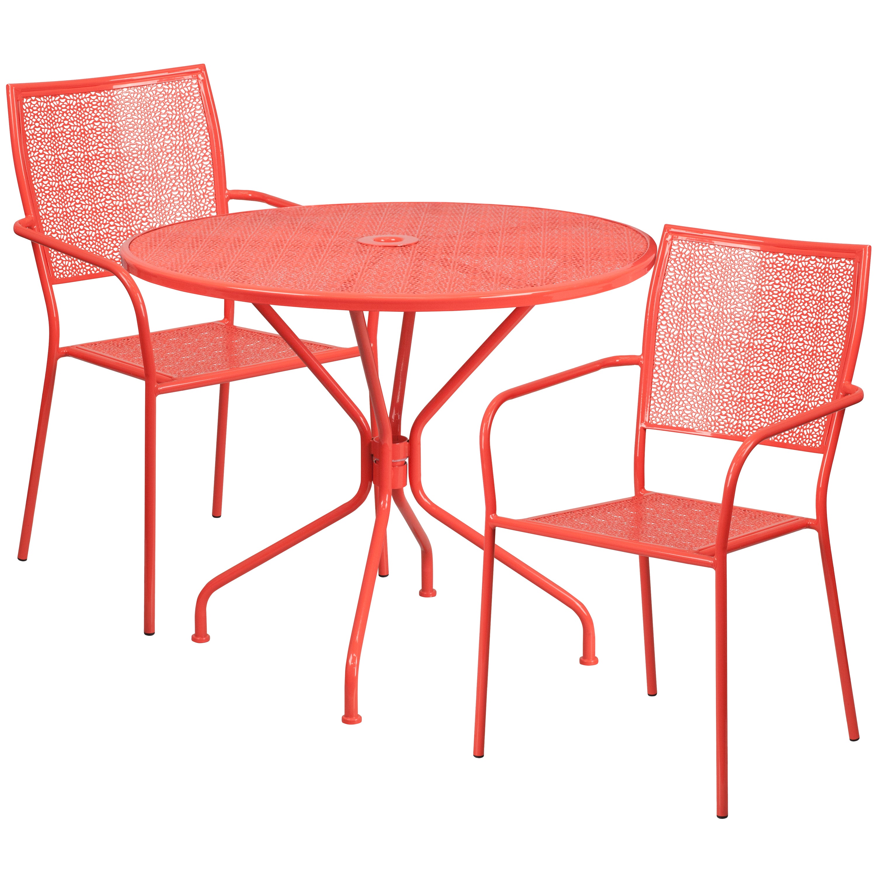 Oia Commercial Grade 35.25" Round Coral Indoor-Outdoor Steel Patio Table Set with 2 Square Back Chairs