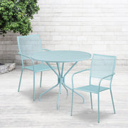 Oia Commercial Grade 35.25" Round Sky Blue Indoor-Outdoor Steel Patio Table Set with 2 Square Back Chairs