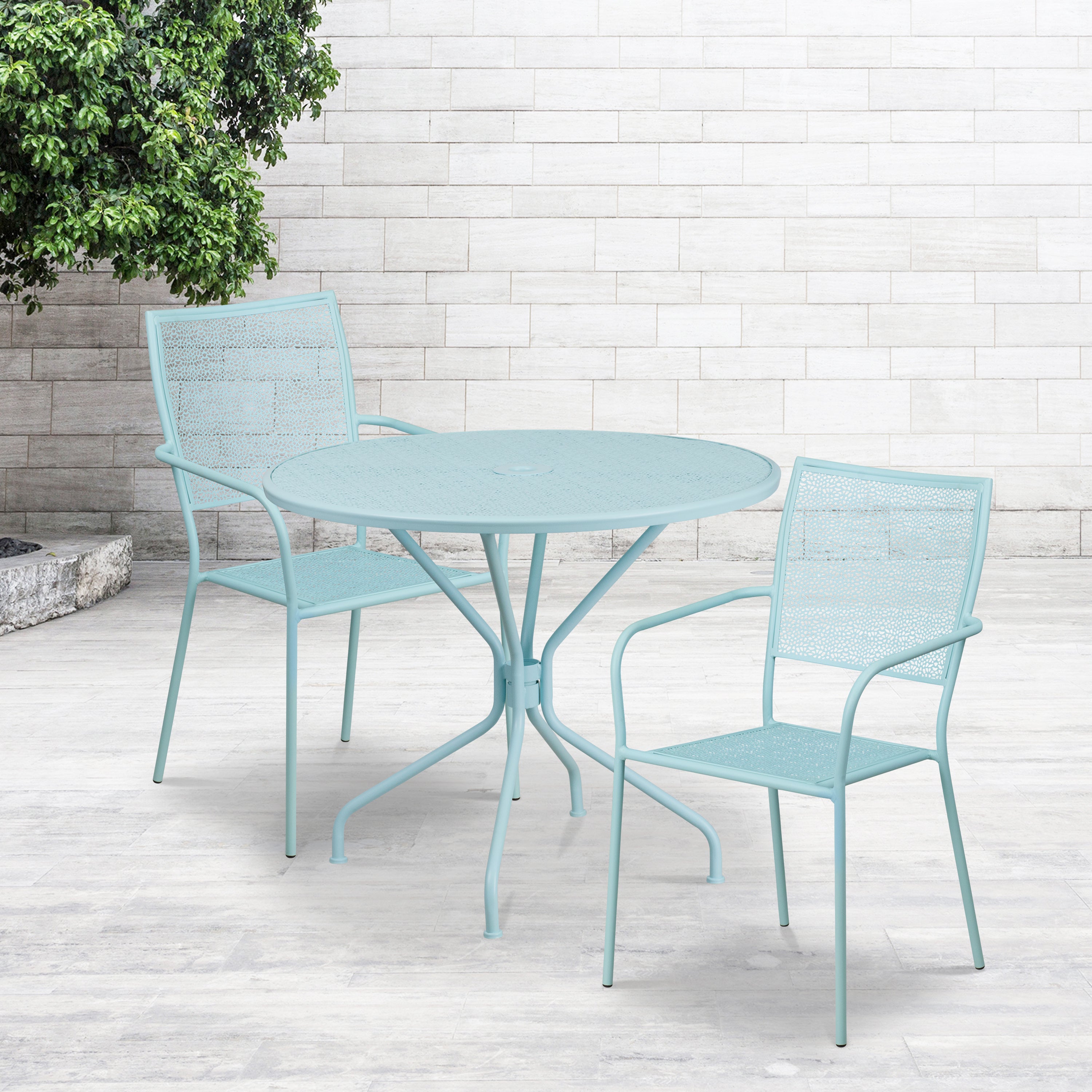 Oia Commercial Grade 35.25" Round Sky Blue Indoor-Outdoor Steel Patio Table Set with 2 Square Back Chairs