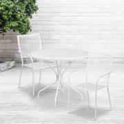 Oia Commercial Grade 35.25" Round White Indoor-Outdoor Steel Patio Table Set with 2 Square Back Chairs