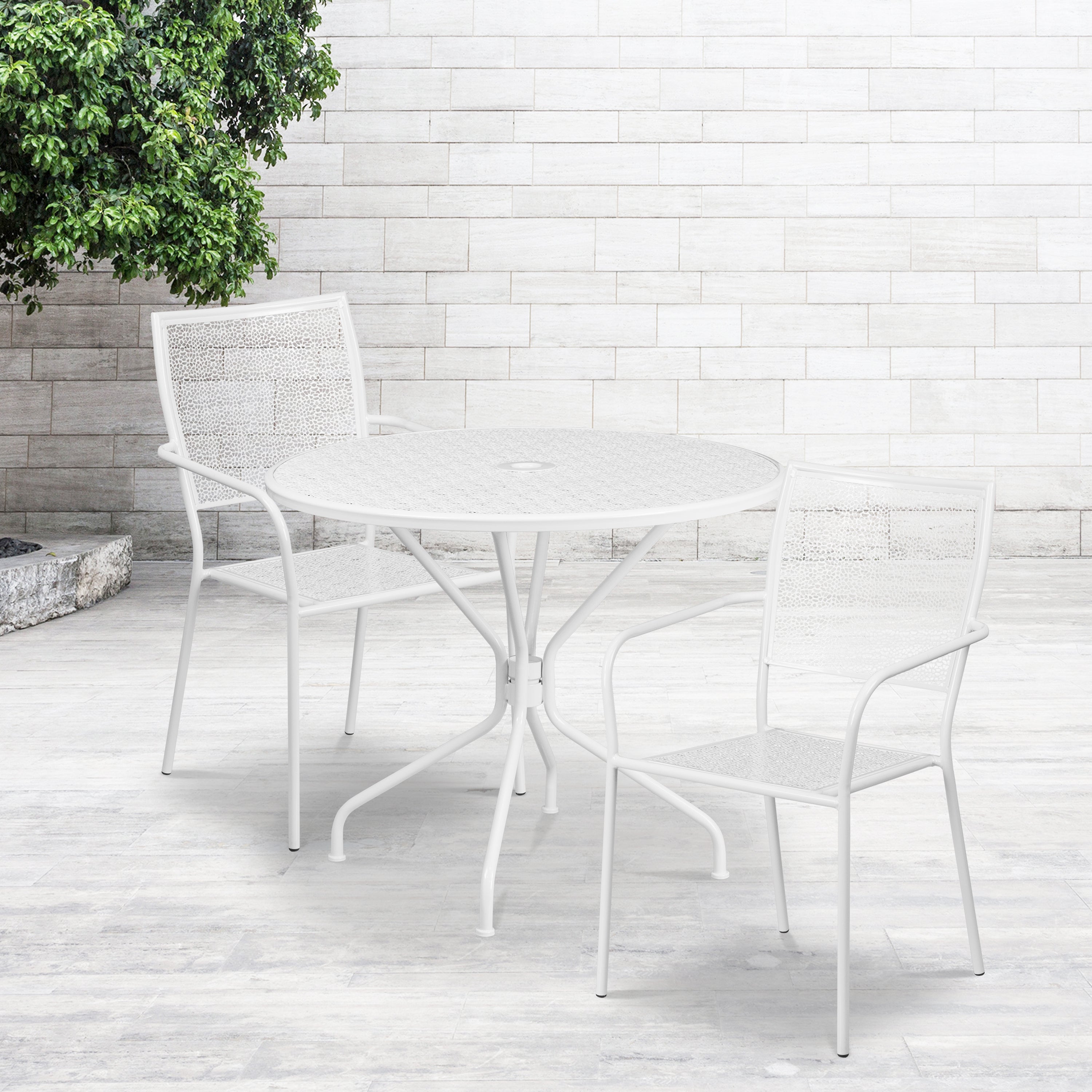 Oia Commercial Grade 35.25" Round White Indoor-Outdoor Steel Patio Table Set with 2 Square Back Chairs