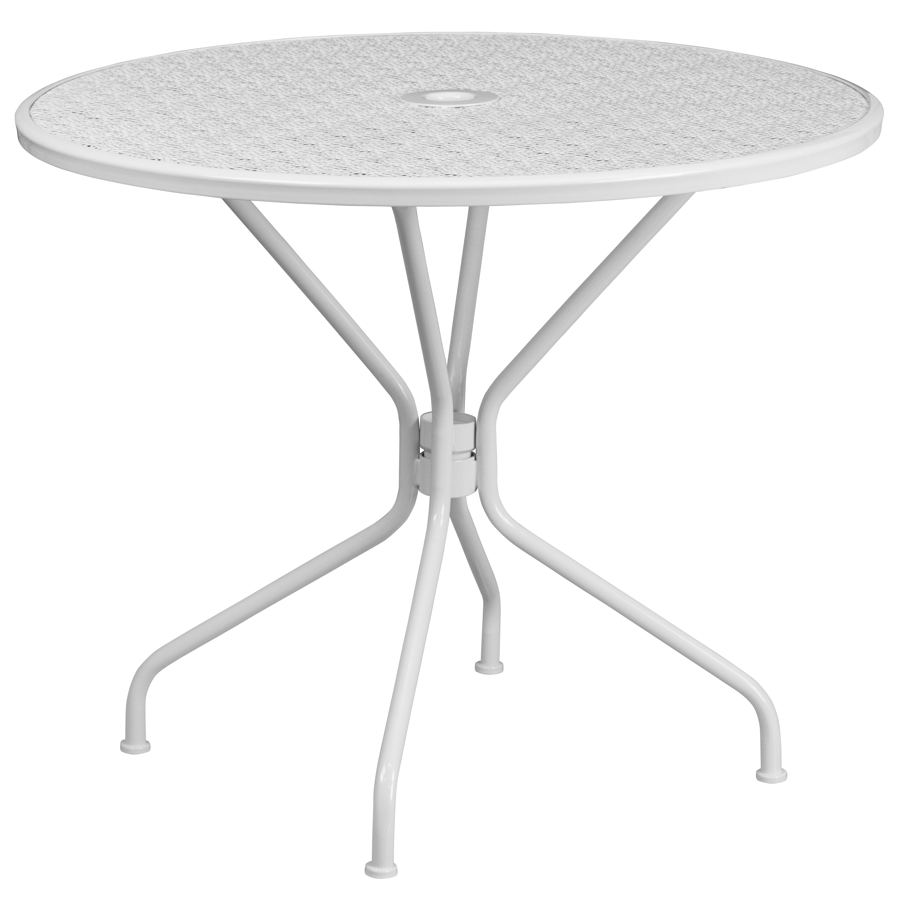 Oia Commercial Grade 35.25" Round White Indoor-Outdoor Steel Patio Table Set with 2 Square Back Chairs