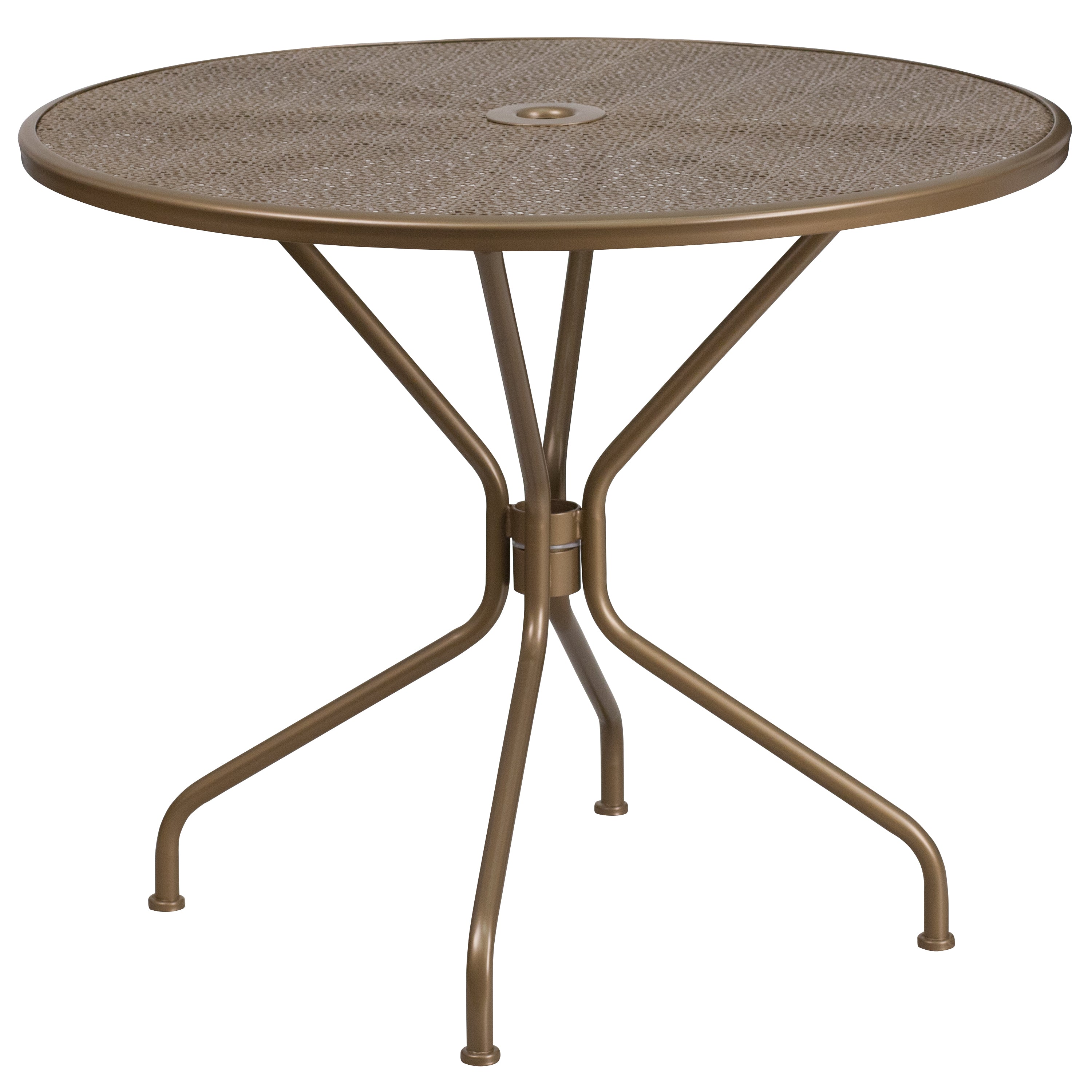 Oia Commercial Grade 35.25" Round Gold Indoor-Outdoor Steel Patio Table Set with 4 Square Back Chairs