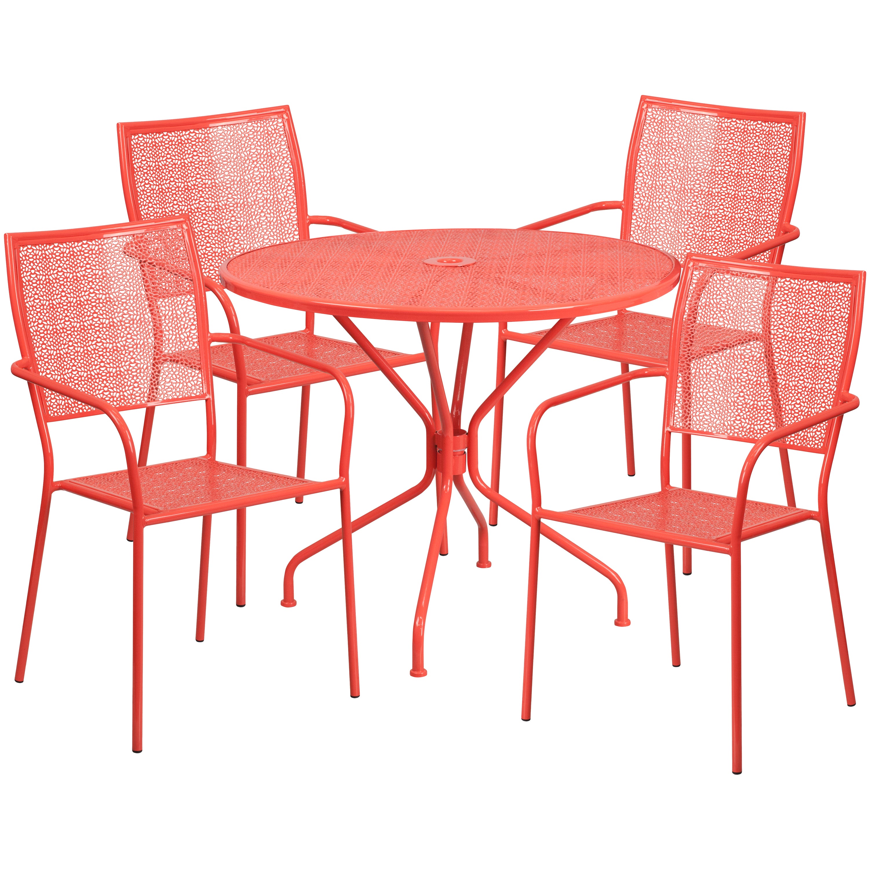 Oia Commercial Grade 35.25" Round Coral Indoor-Outdoor Steel Patio Table Set with 4 Square Back Chairs