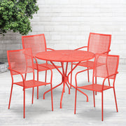 Oia Commercial Grade 35.25" Round Coral Indoor-Outdoor Steel Patio Table Set with 4 Square Back Chairs