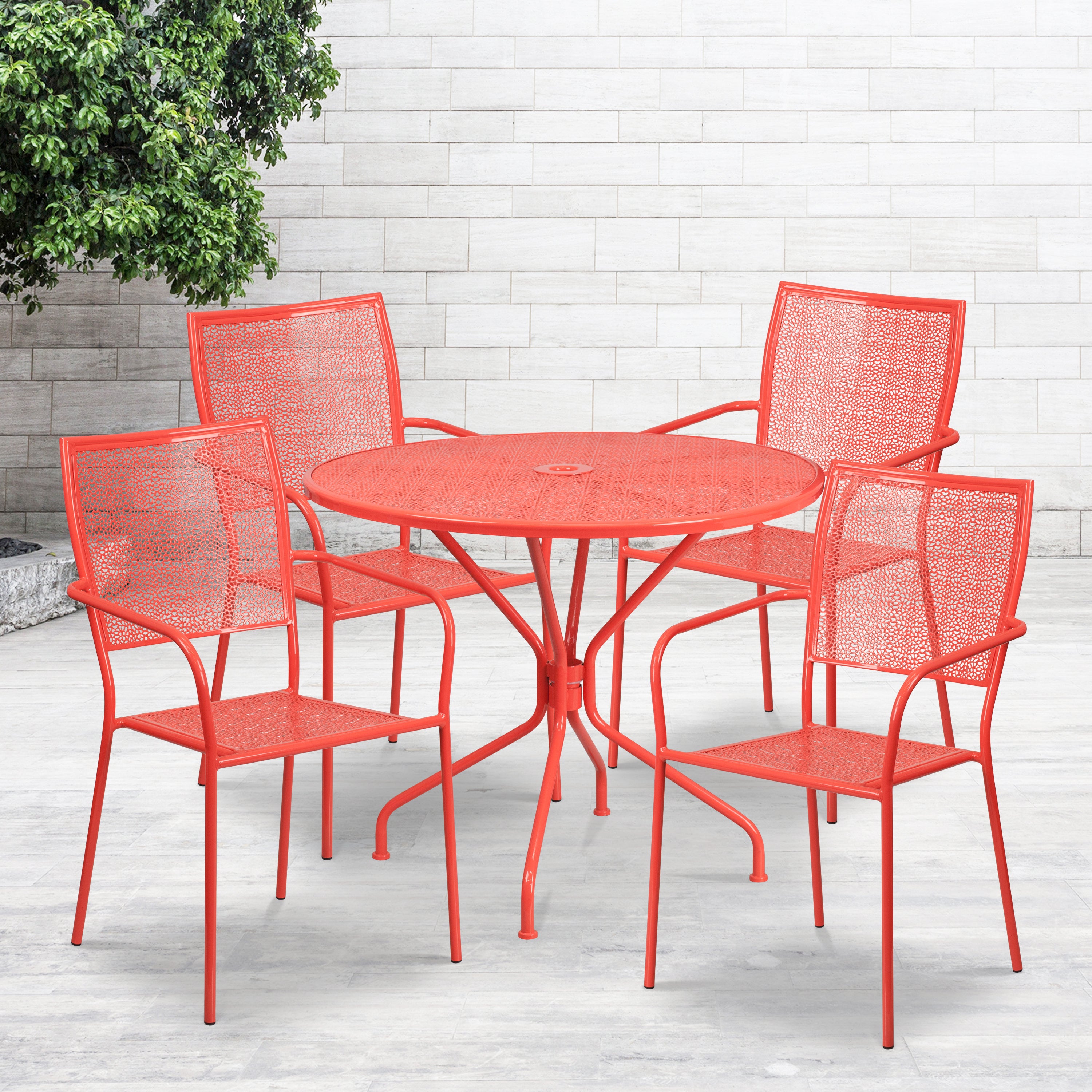 Oia Commercial Grade 35.25" Round Coral Indoor-Outdoor Steel Patio Table Set with 4 Square Back Chairs
