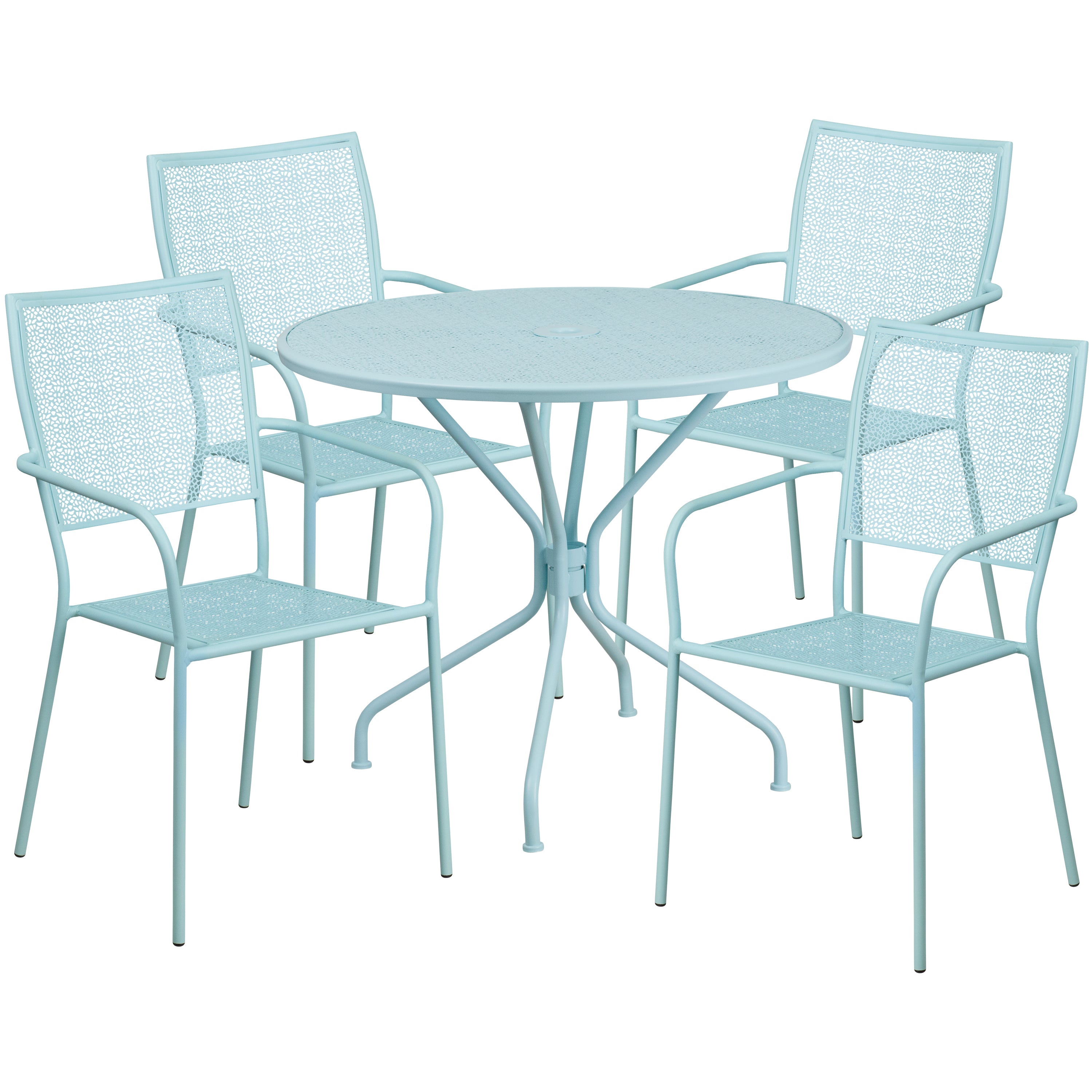 Oia Commercial Grade 35.25" Round Sky Blue Indoor-Outdoor Steel Patio Table Set with 4 Square Back Chairs