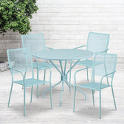Oia Commercial Grade 35.25" Round Sky Blue Indoor-Outdoor Steel Patio Table Set with 4 Square Back Chairs
