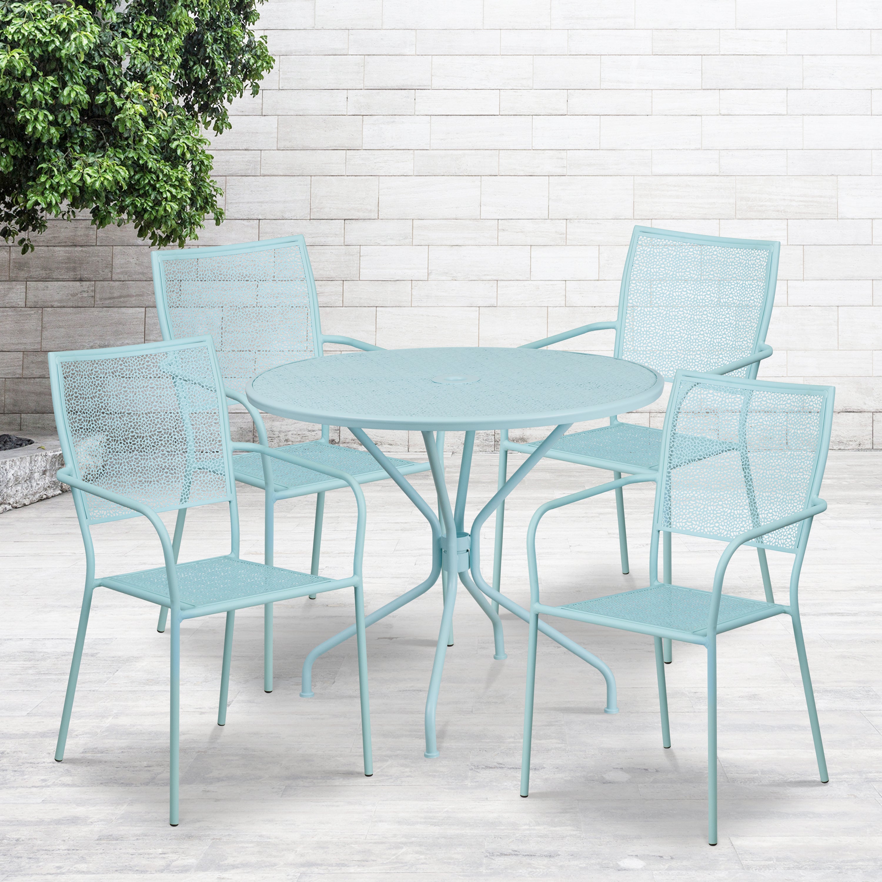Oia Commercial Grade 35.25" Round Sky Blue Indoor-Outdoor Steel Patio Table Set with 4 Square Back Chairs