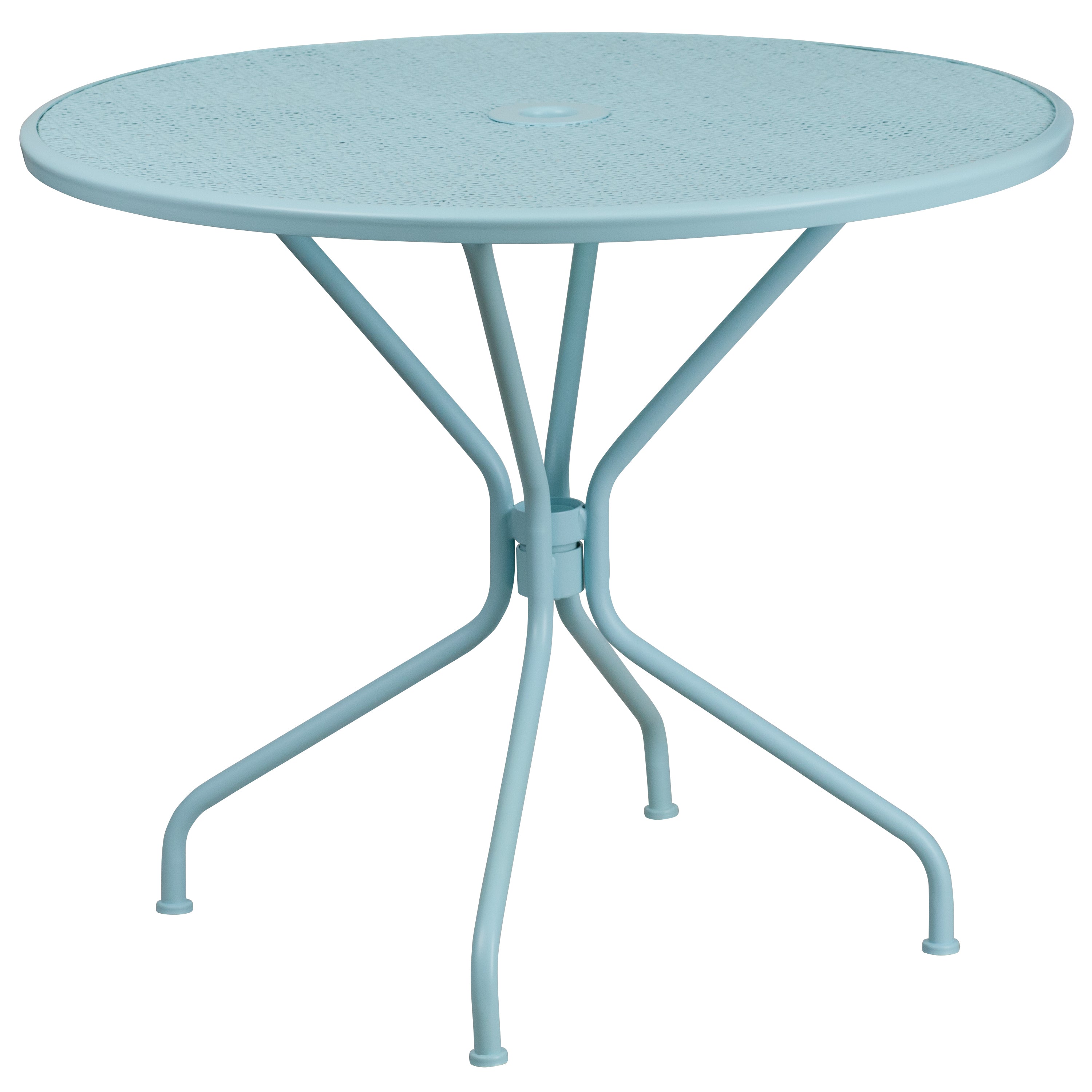 Oia Commercial Grade 35.25" Round Sky Blue Indoor-Outdoor Steel Patio Table Set with 4 Square Back Chairs