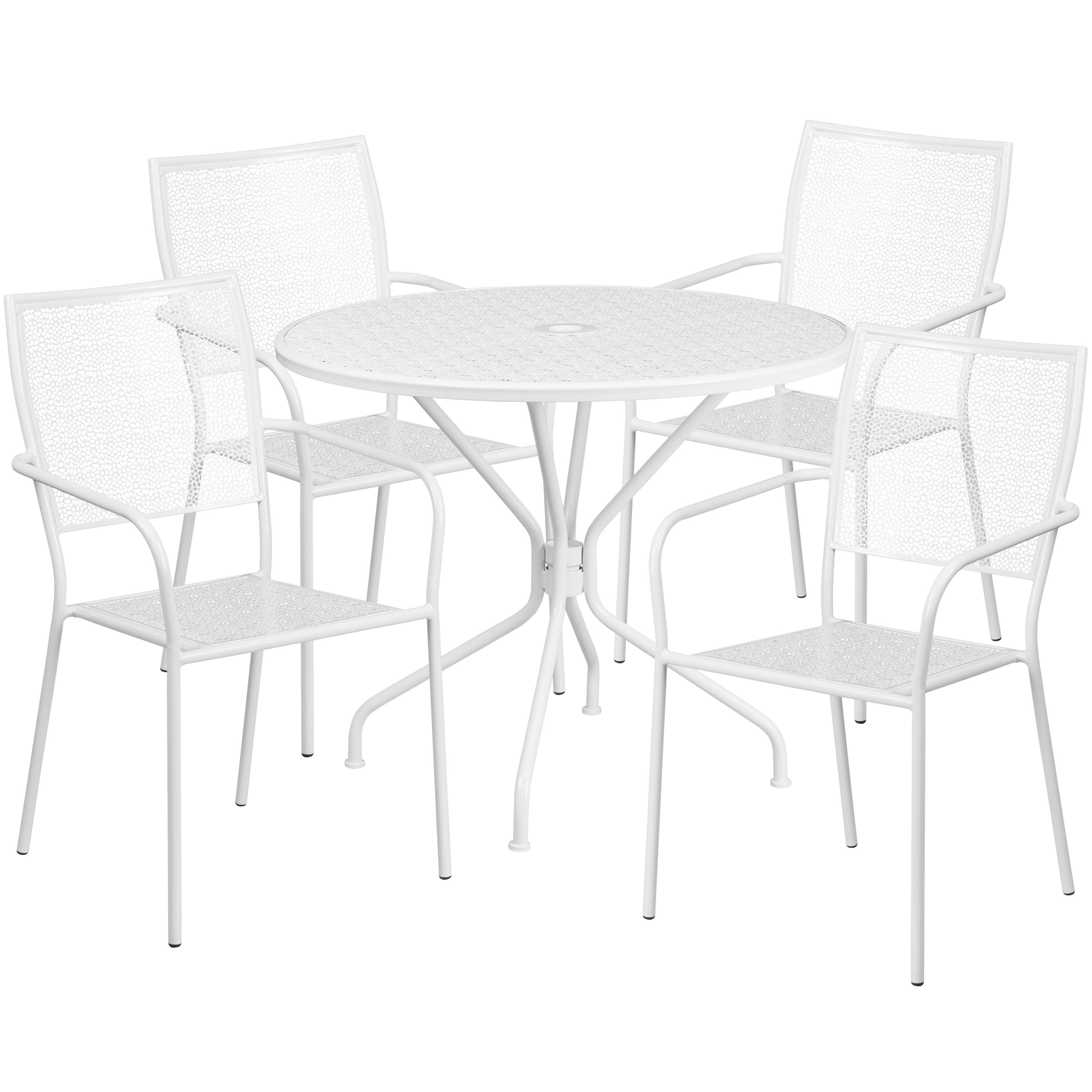 Oia Commercial Grade 35.25" Round White Indoor-Outdoor Steel Patio Table Set with 4 Square Back Chairs