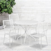 Oia Commercial Grade 35.25" Round White Indoor-Outdoor Steel Patio Table Set with 4 Square Back Chairs