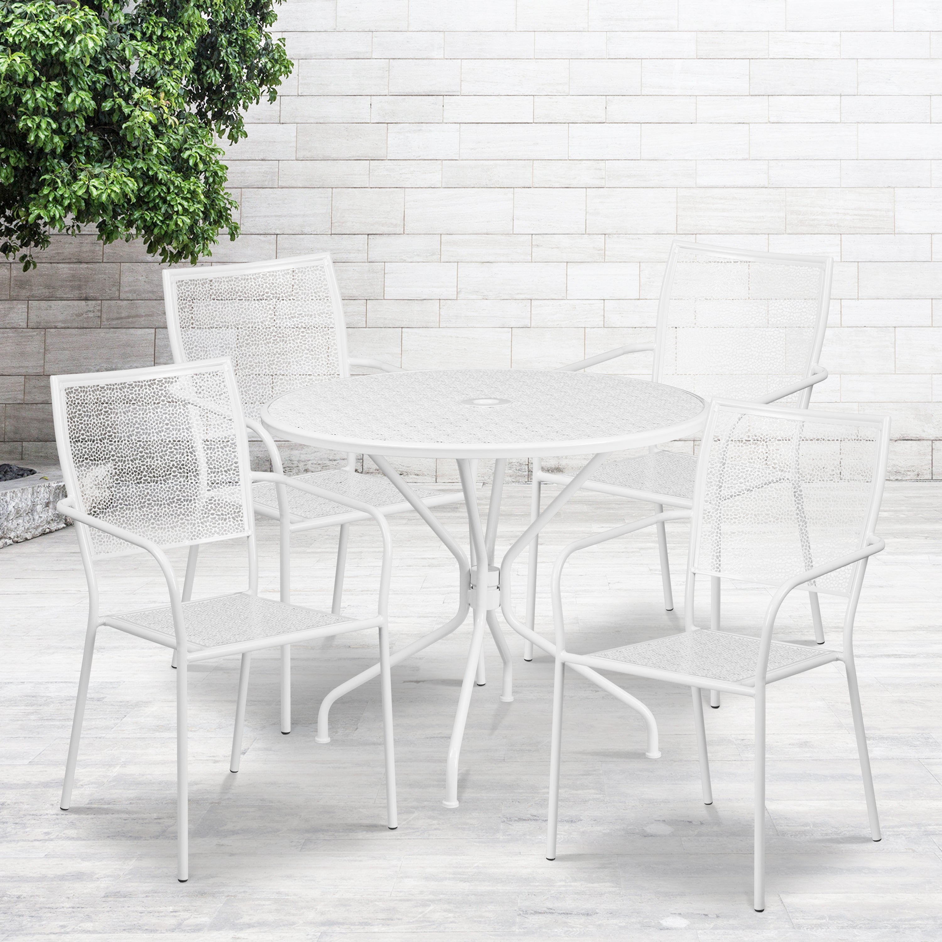 Oia Commercial Grade 35.25" Round White Indoor-Outdoor Steel Patio Table Set with 4 Square Back Chairs