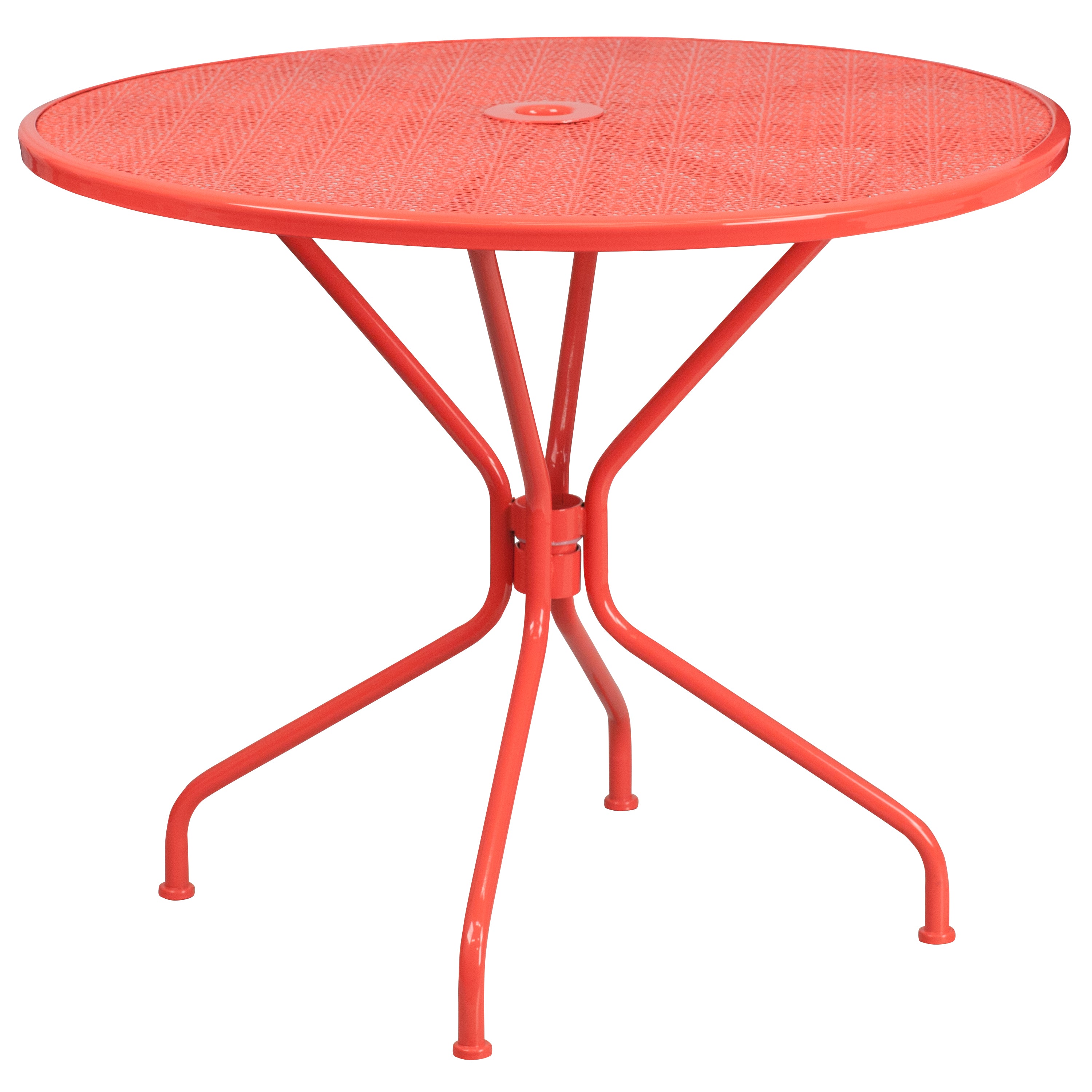 Oia Commercial Grade 35.25" Round Coral Indoor-Outdoor Steel Patio Table Set with 2 Round Back Chairs