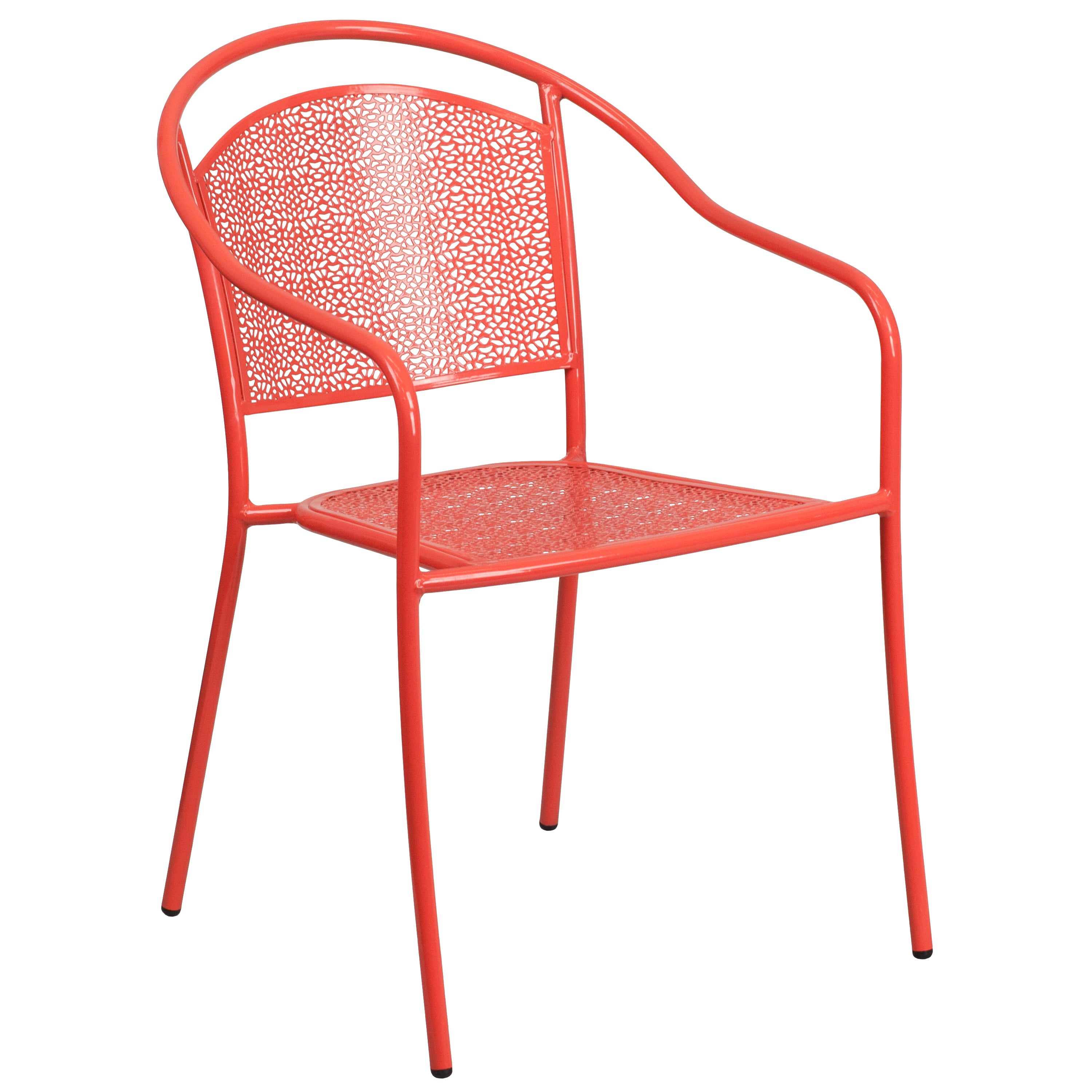 Oia Commercial Grade 35.25" Round Coral Indoor-Outdoor Steel Patio Table Set with 2 Round Back Chairs