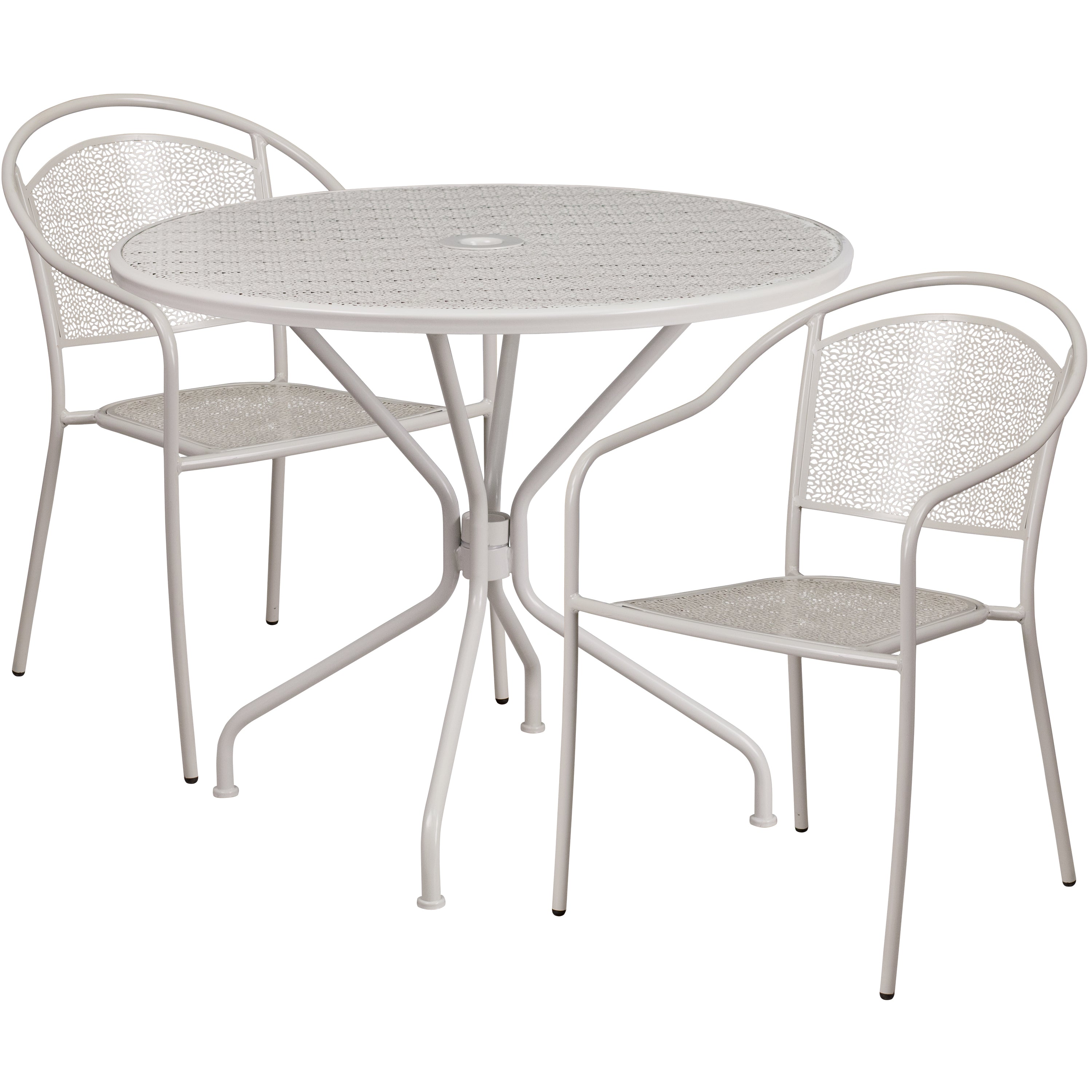 Oia Commercial Grade 35.25" Round Light Gray Indoor-Outdoor Steel Patio Table Set with 2 Round Back Chairs