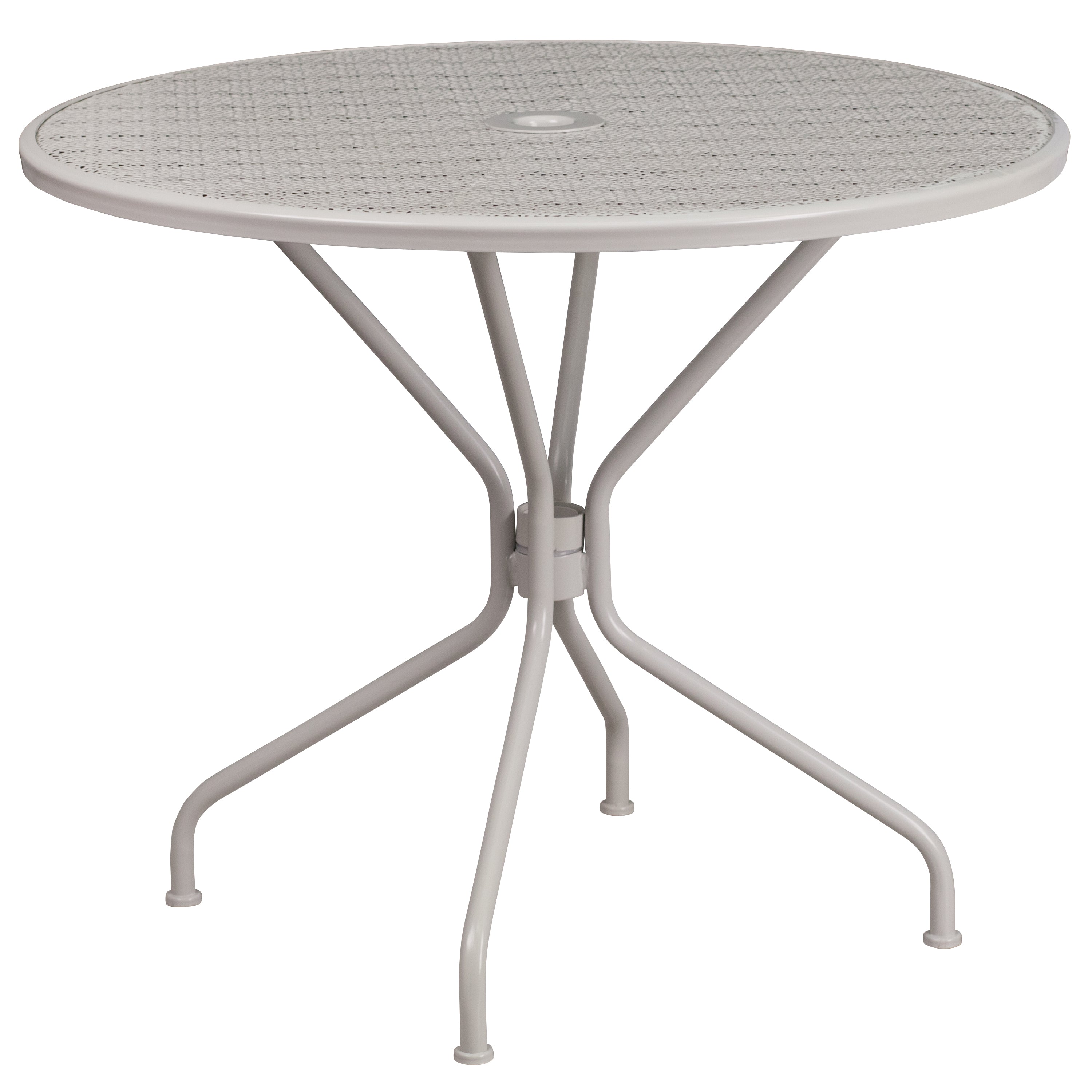 Oia Commercial Grade 35.25" Round Light Gray Indoor-Outdoor Steel Patio Table Set with 2 Round Back Chairs