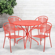 Oia Commercial Grade 35.25" Round Coral Indoor-Outdoor Steel Patio Table Set with 4 Round Back Chairs