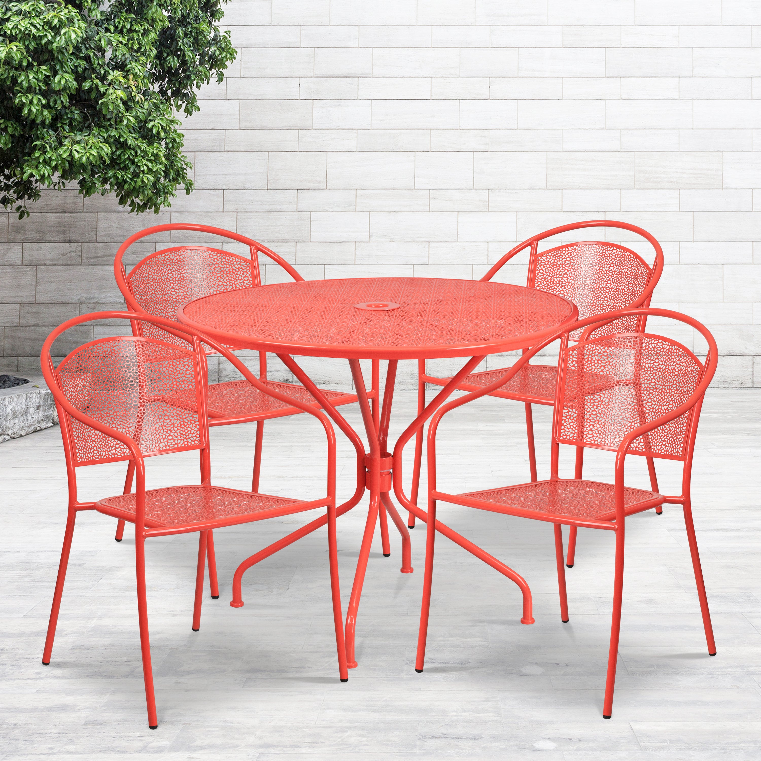 Oia Commercial Grade 35.25" Round Coral Indoor-Outdoor Steel Patio Table Set with 4 Round Back Chairs