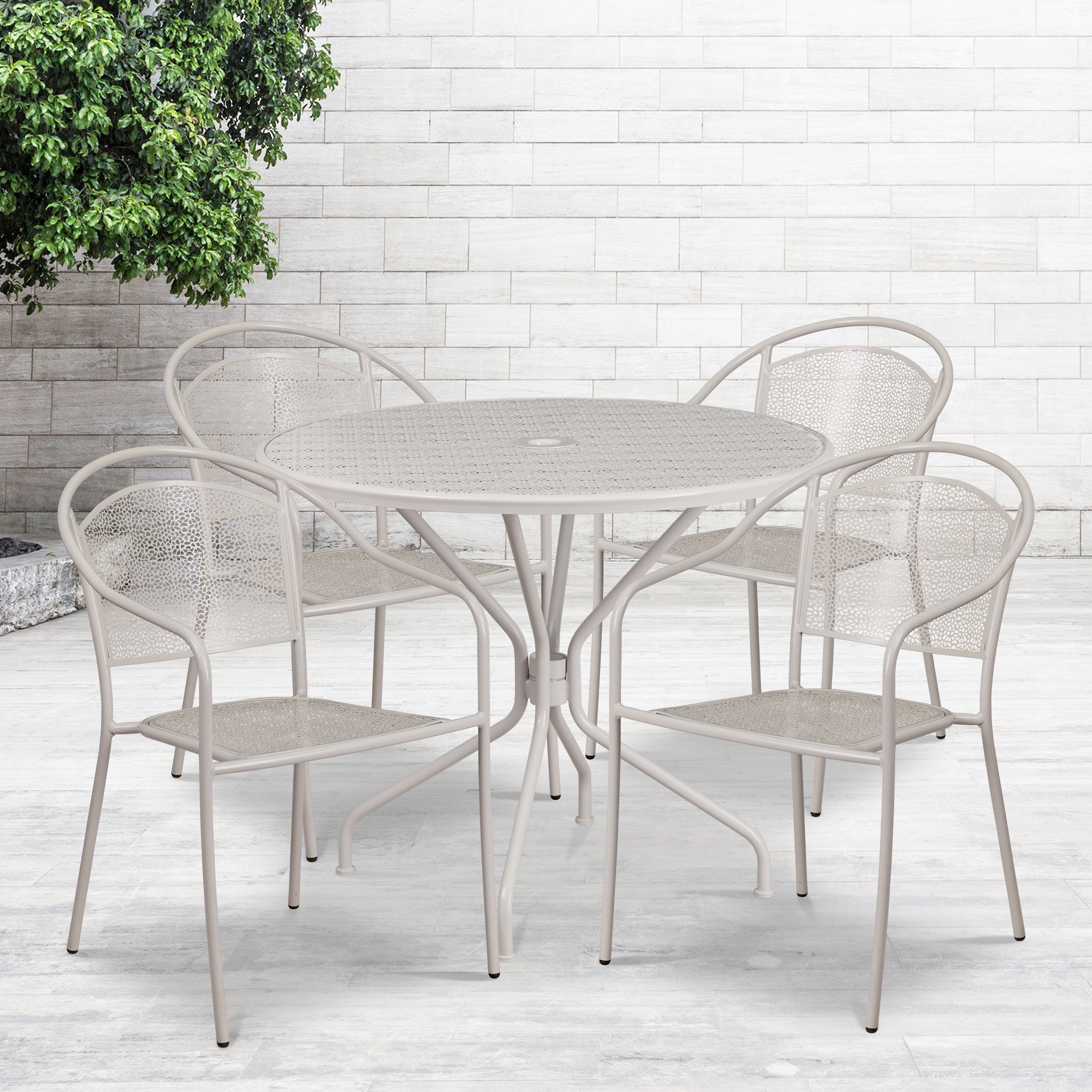 Oia Commercial Grade 35.25" Round Light Gray Indoor-Outdoor Steel Patio Table Set with 4 Round Back Chairs