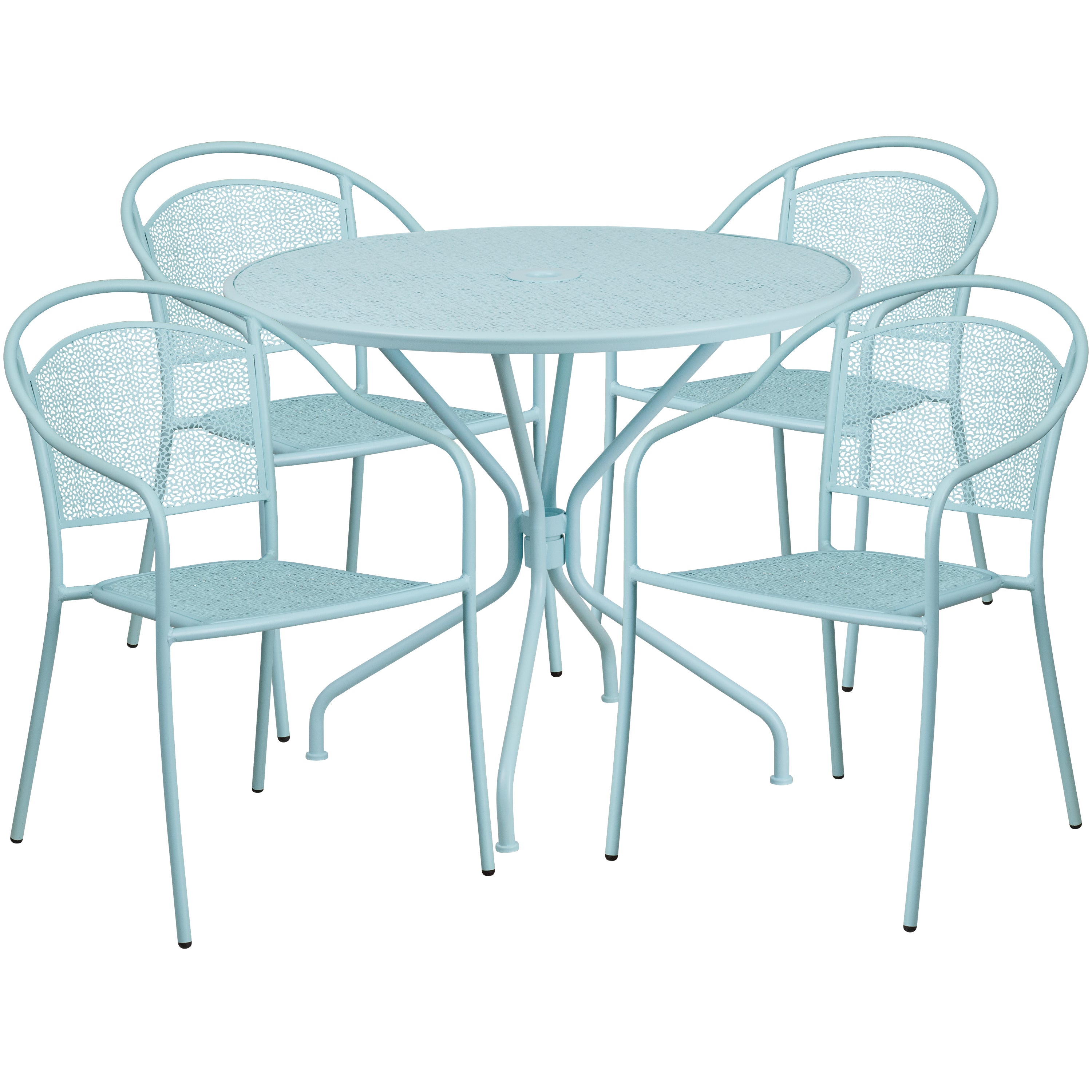 Oia Commercial Grade 35.25" Round Sky Blue Indoor-Outdoor Steel Patio Table Set with 4 Round Back Chairs