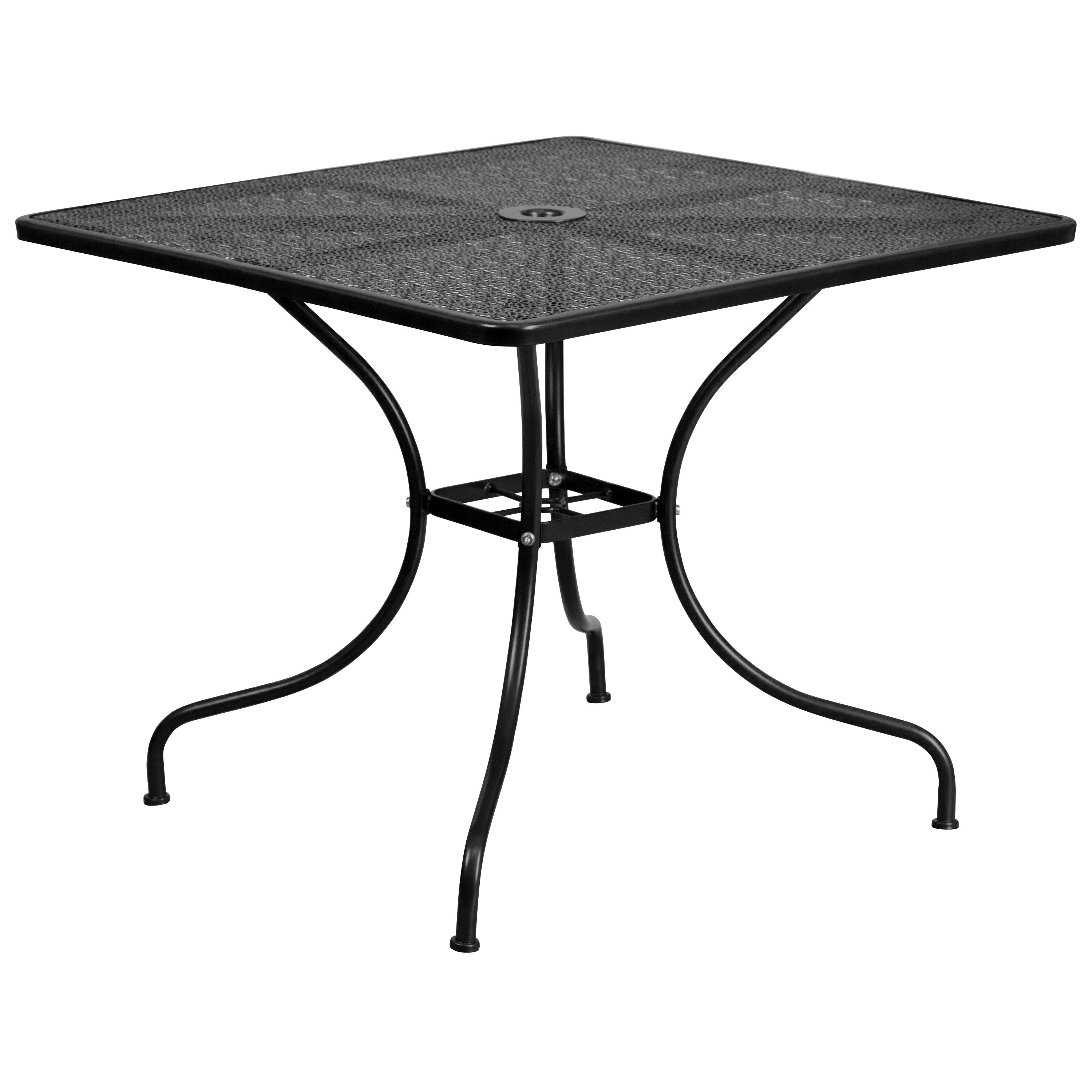 Oia Commercial Grade 35.5" Square Black Indoor-Outdoor Steel Patio Table Set with 2 Square Back Chairs