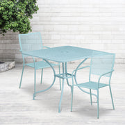 Oia Commercial Grade 35.5" Square Sky Blue Indoor-Outdoor Steel Patio Table Set with 2 Square Back Chairs